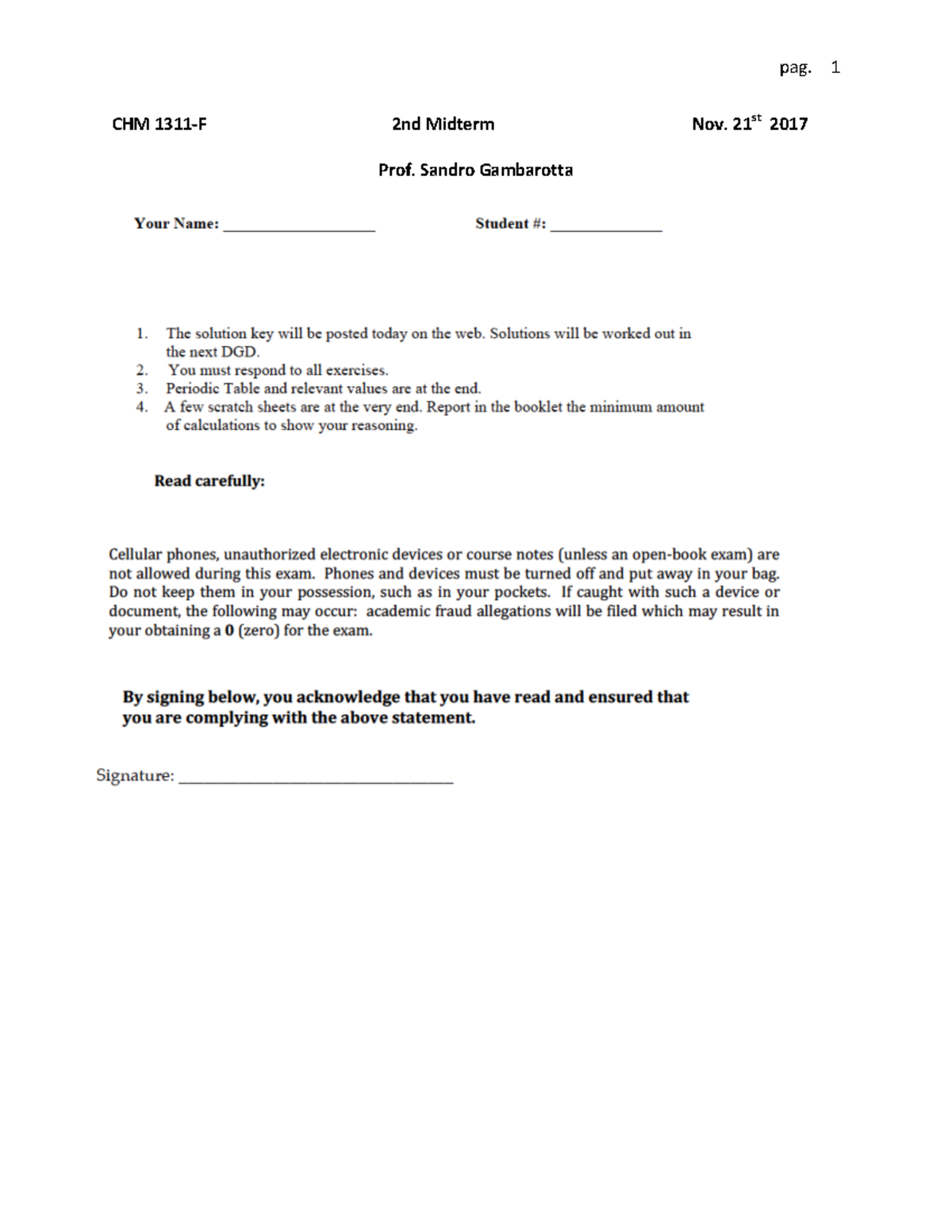 Midterm exam 21 2017, questions and answers - pag. 1 CHM 1311-F 2nd ...