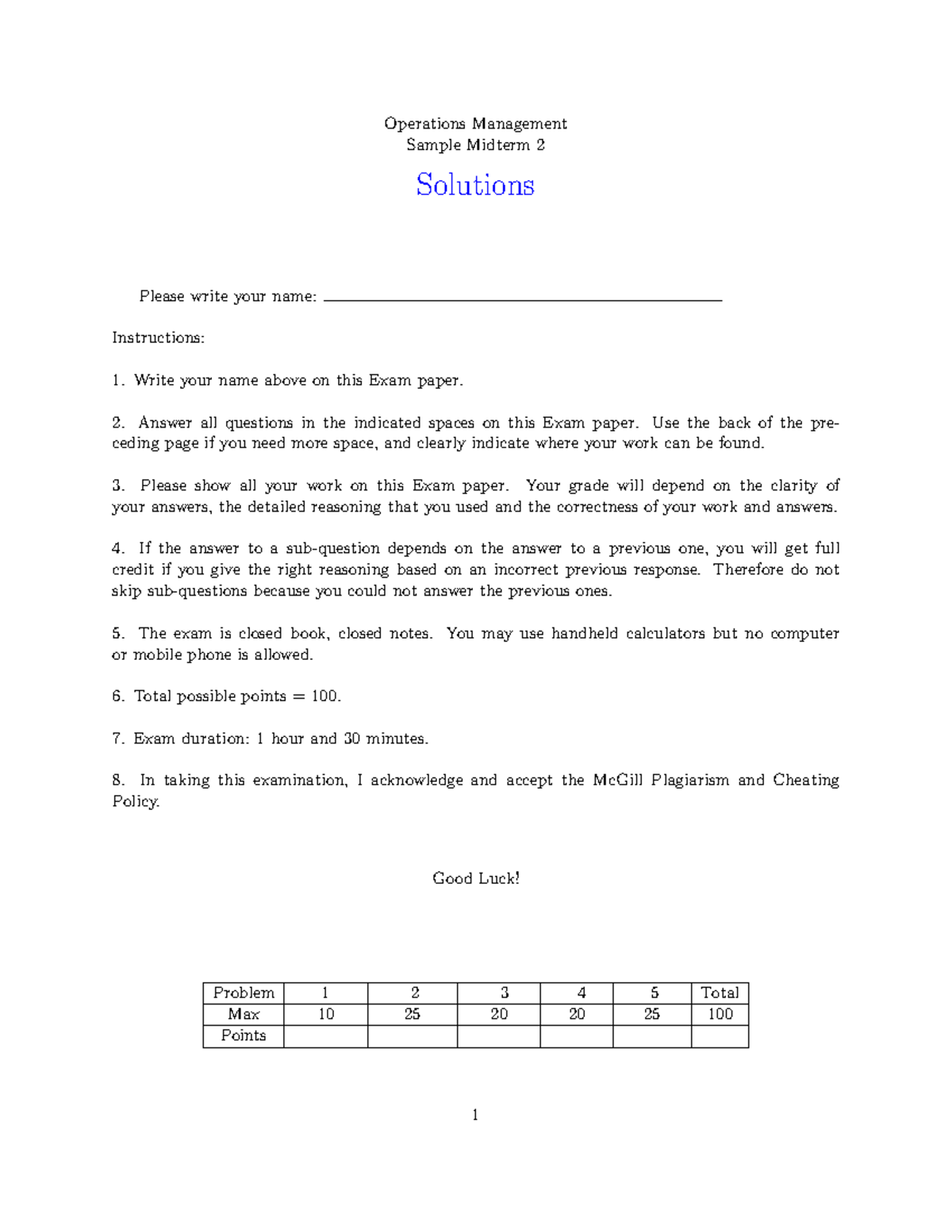 Sample Midterm 2 Solutions 2020 - Operations Management Sample Midterm ...