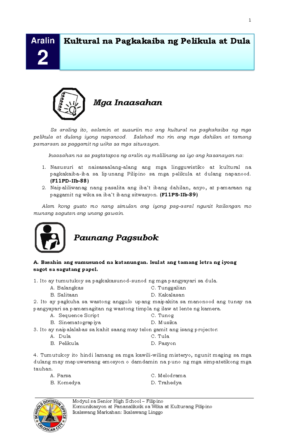 Filipino Komunikasyon Q2 Week 2 Validated With Answer Sheet - Modyul Sa ...