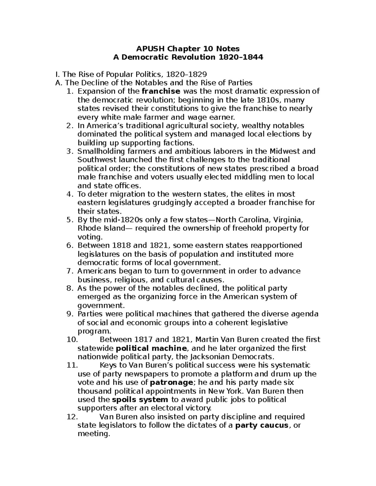 Ch.10 lecture notes APUSH Chapter 10 Notes A Democratic Revolution 1820 I. The Rise of