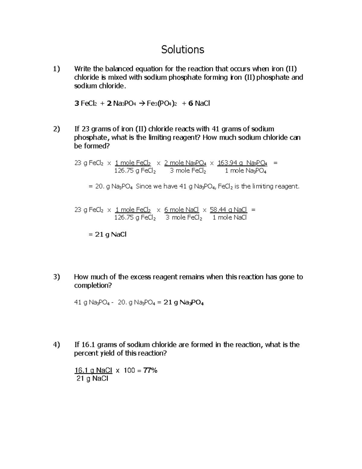 Limited reagents ws solutions - Solutions 1) Write the balanced ...