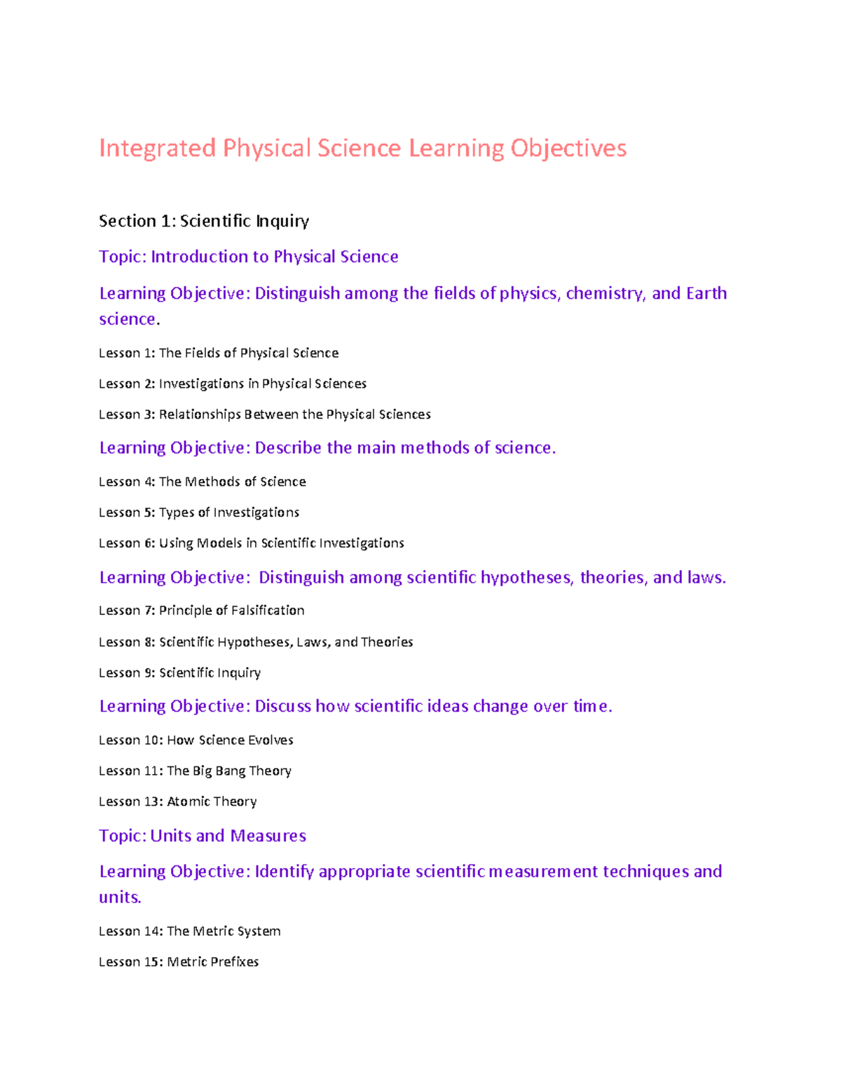 Learning Objectives Phys - Integrated Physical Science Learning ...