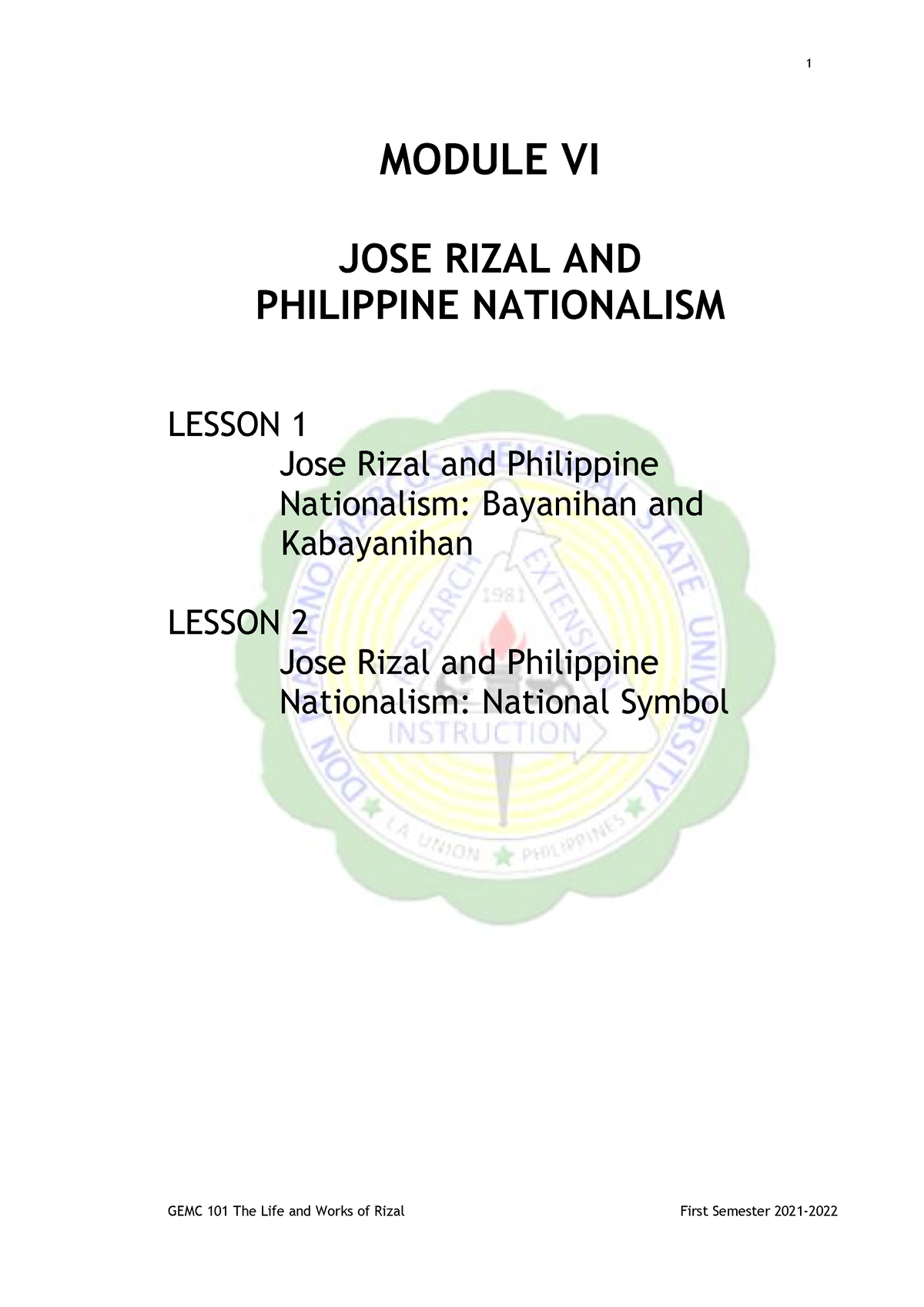 Module 6 ( Rizal) - 1st Year - MODULE VI JOSE RIZAL AND PHILIPPINE ...