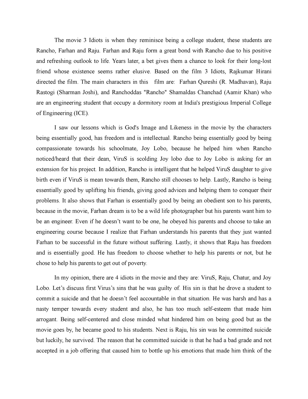 essay about 3 idiots movie