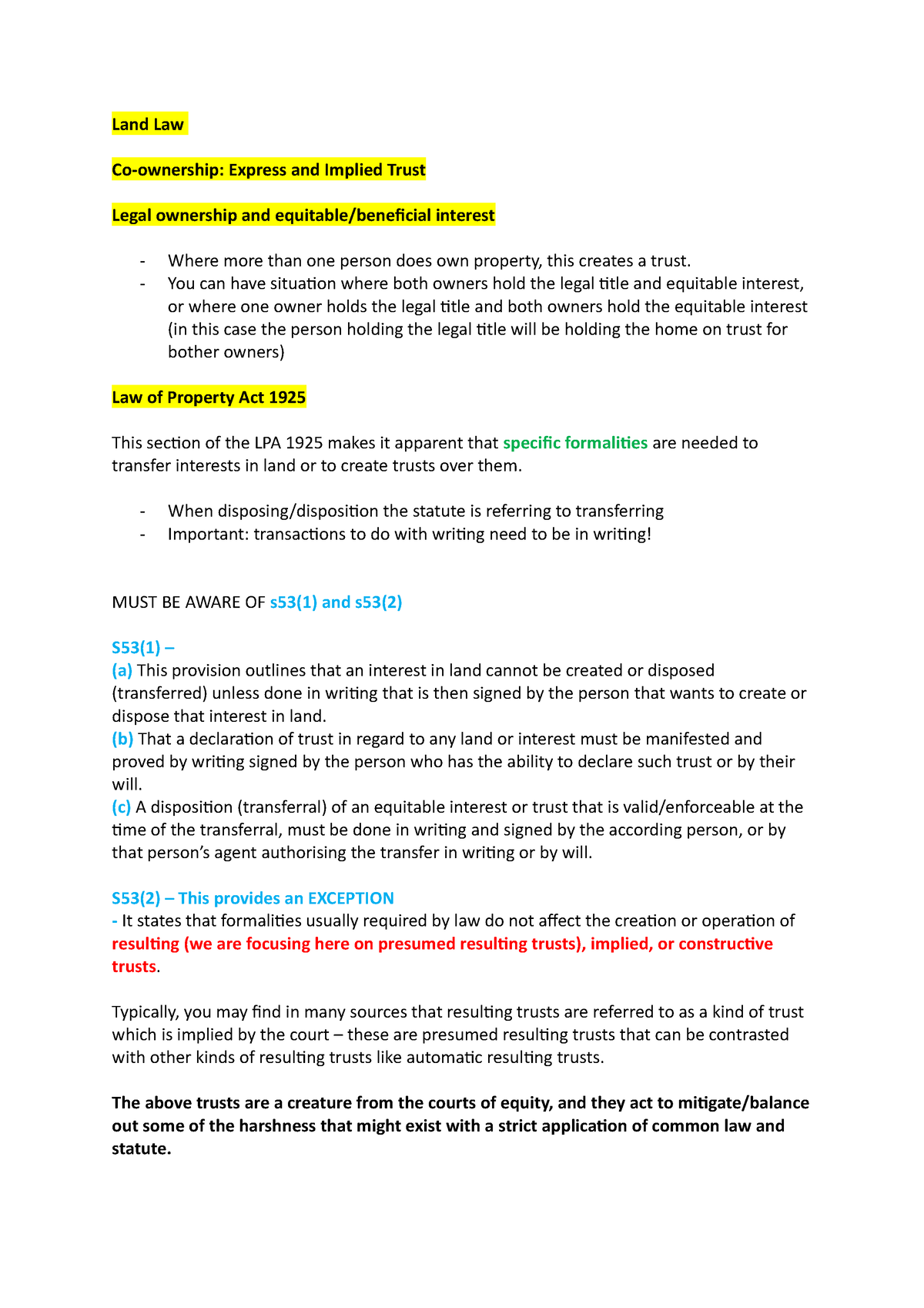 Land Law Co-ownership- Express and Implied Trust - Land Law Express and ...