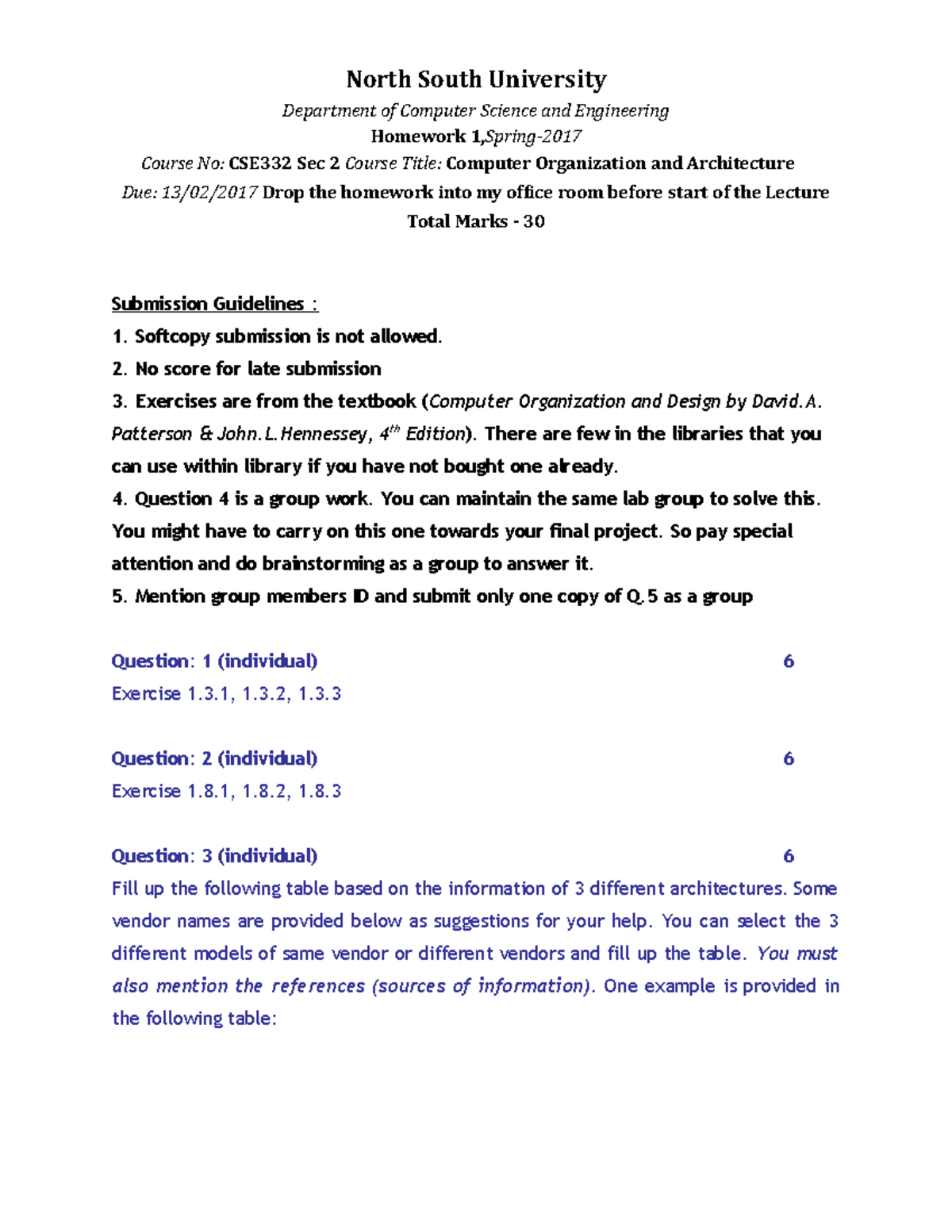 HW 1 Sec 2 CSE332 - Homework Problem - North South University ...