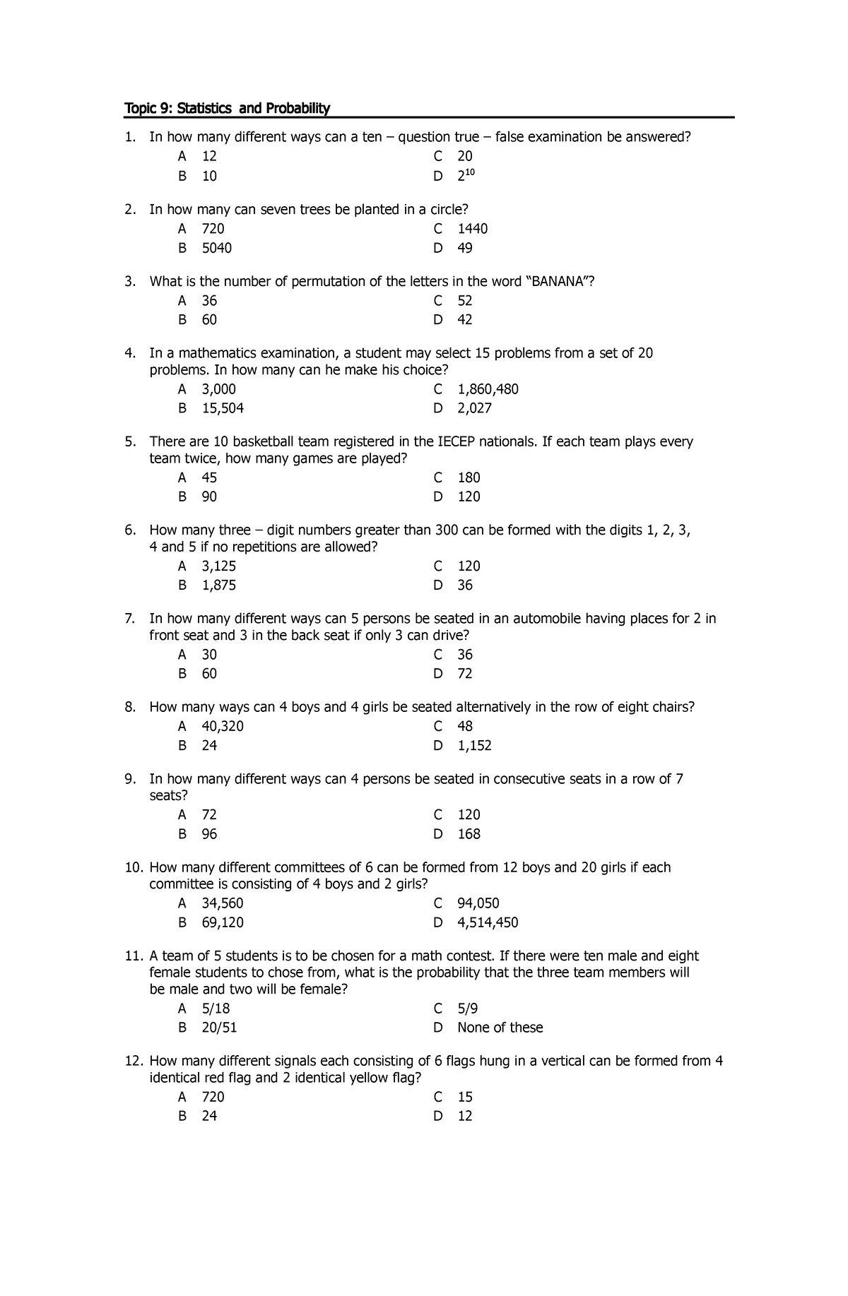 Probability Practice Problems - Topic 9 : Statistics and Probability In ...