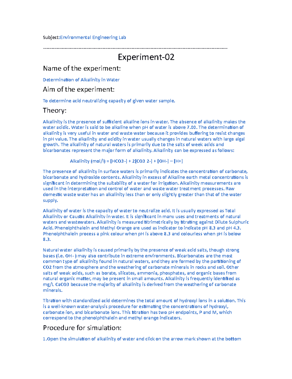 Experiment 2 (Determination of Alkalinity in Water) - Subject ...