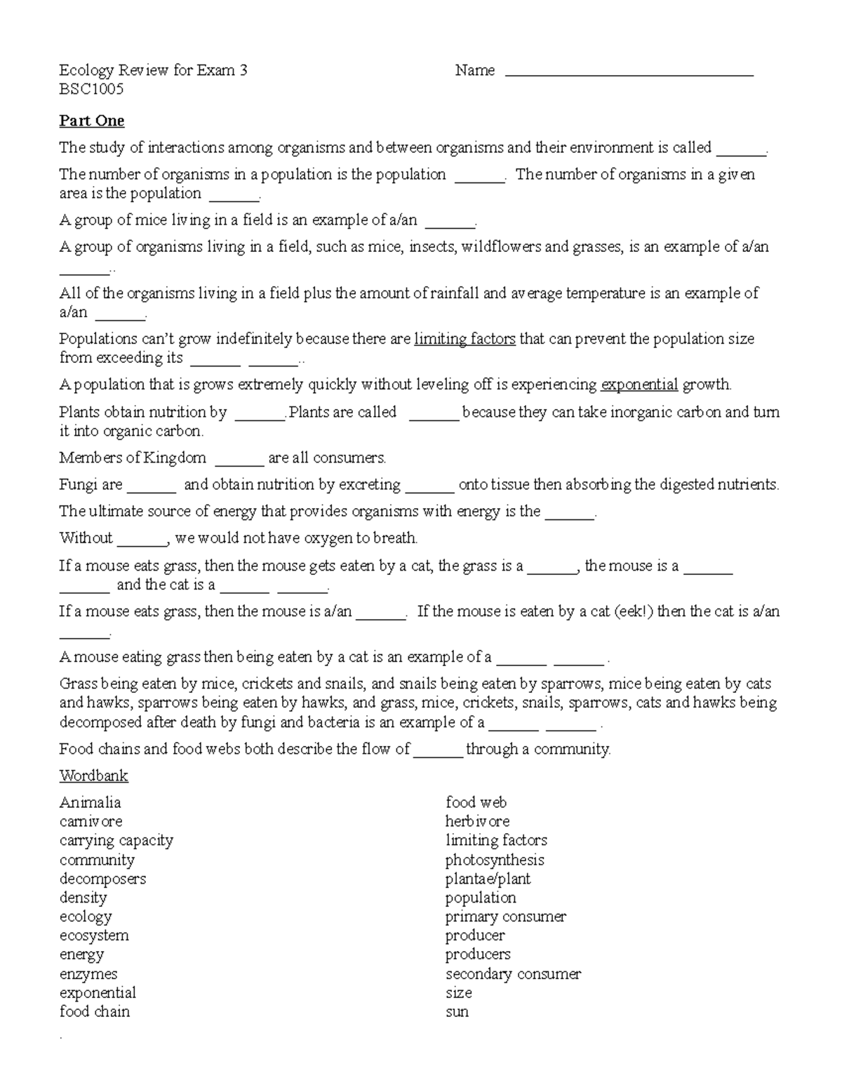 Ecology Review wksht 2019 2 - Ecology Review for Exam 3 Name BSC Part ...