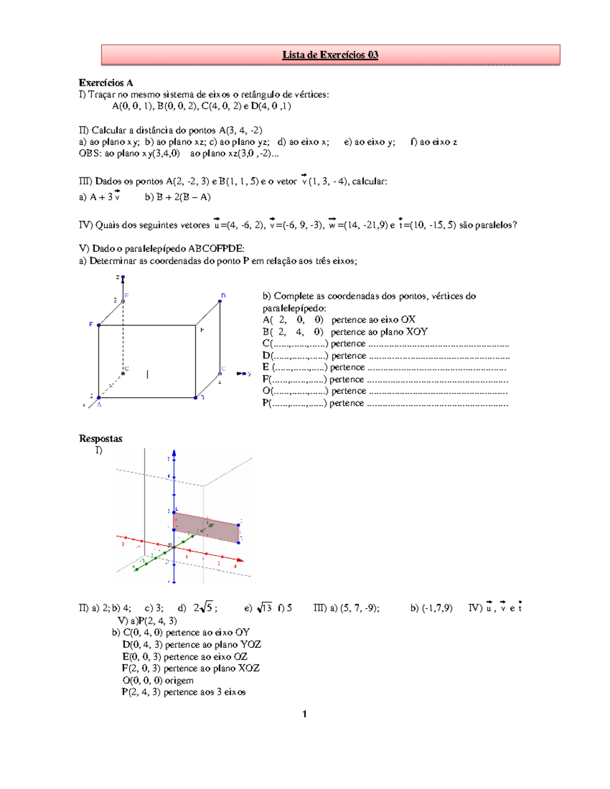 Lista De ExercÍcio Geometria AnalÍtica E Vetores Com Gabarito 1