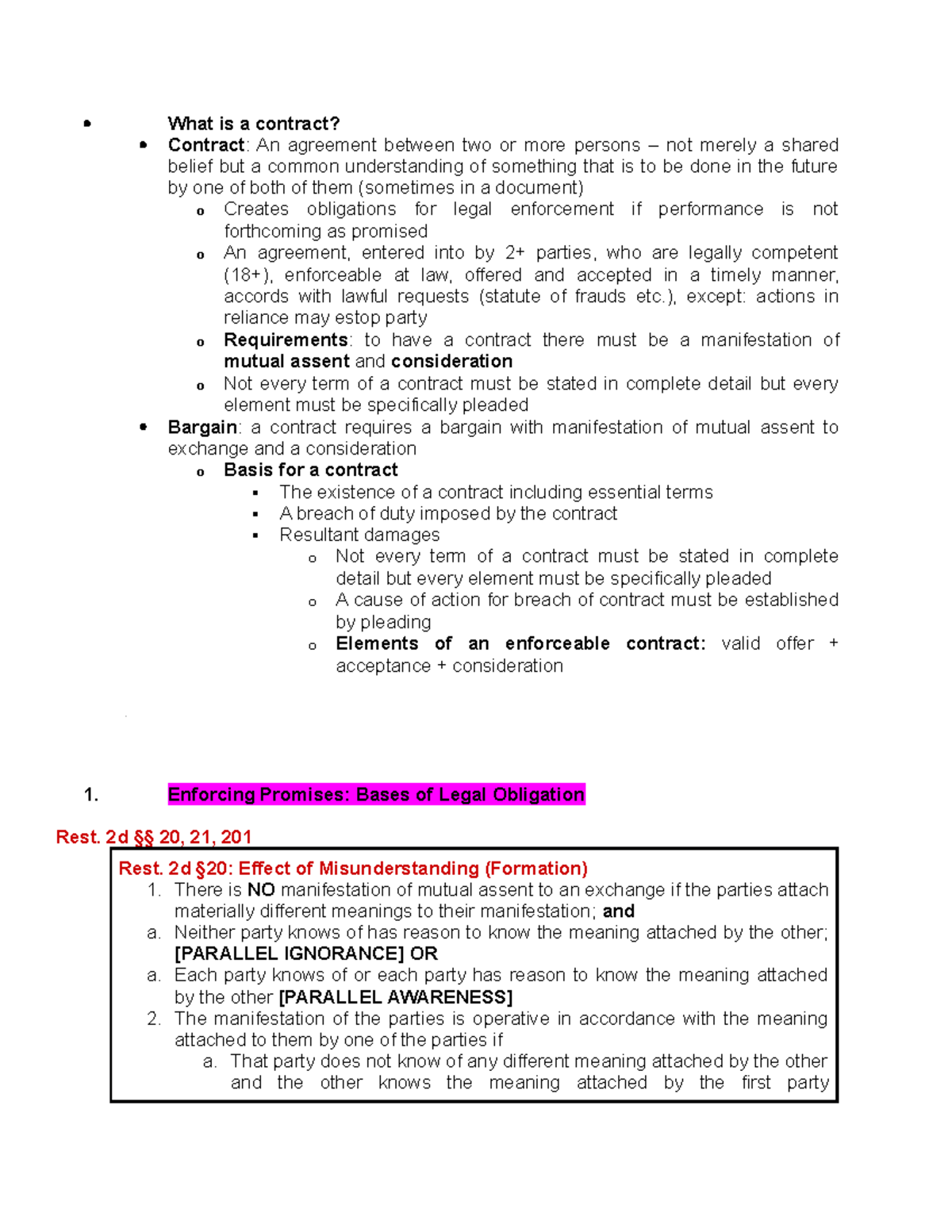 Contracts - outline - What is a contract? Contract: An agreement ...
