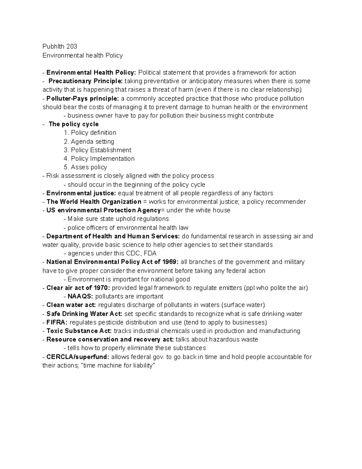 Environmental health Policy Pubhlth 203 Environmental health Policy