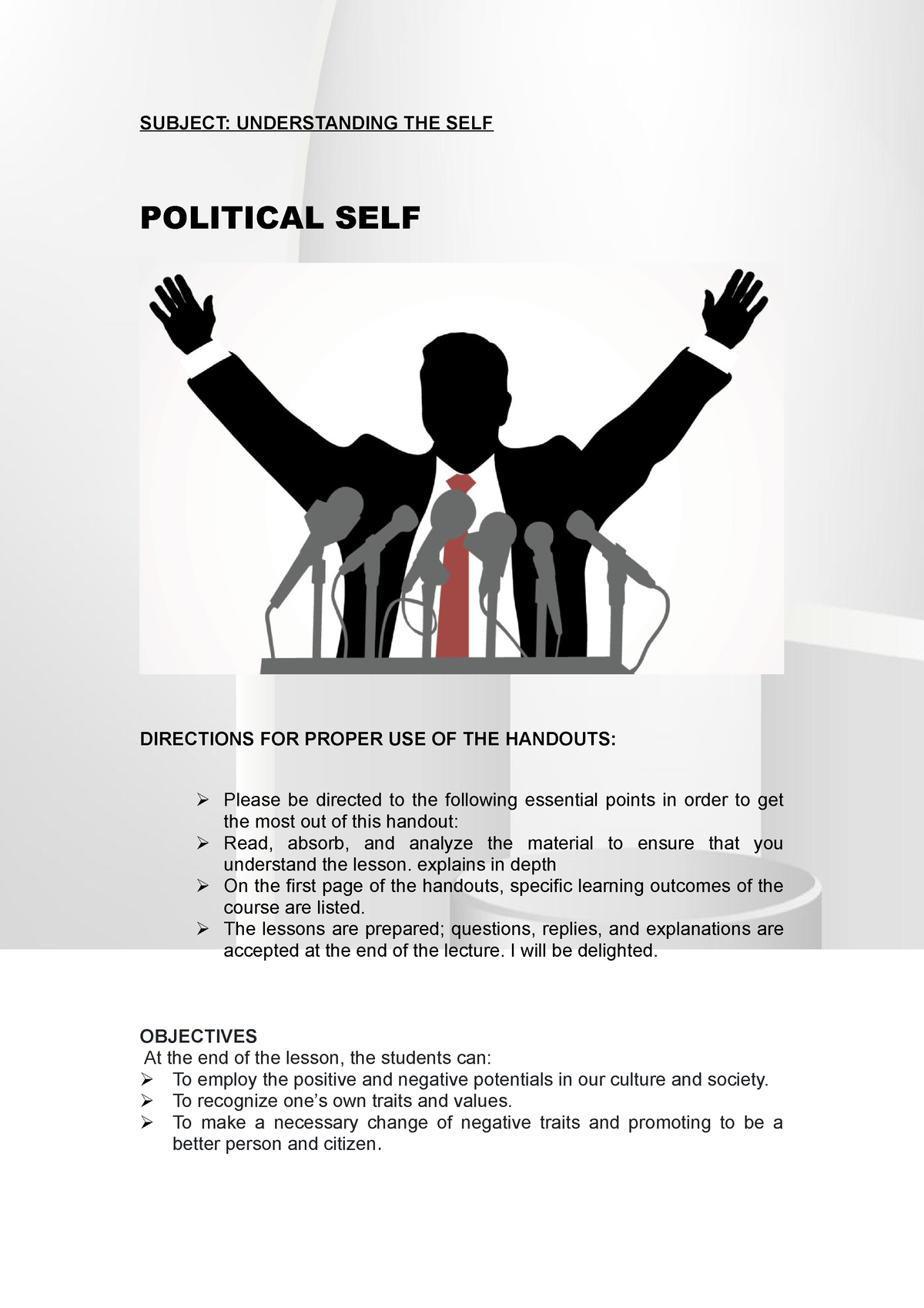 Political SELF Handouts UTS SUBJECT UNDERSTANDING THE SELF POLITICAL 