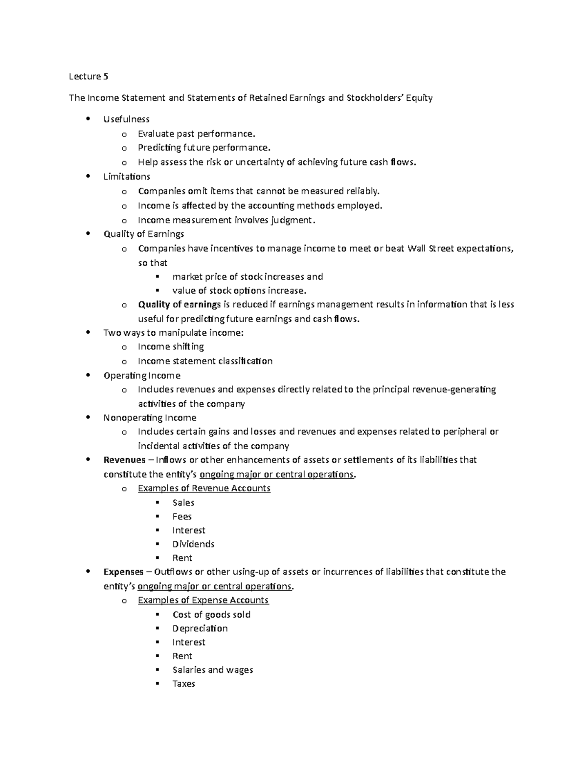 Lecture 5 ACCT - Lecture 5 The Income Statement and Statements of ...