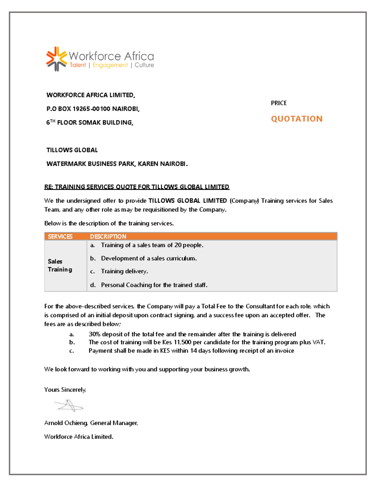Training quatation - fdfa - RE: TRAINING SERVICES QUOTE FOR TILLOWS ...