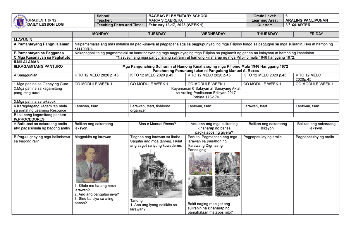 DLL G6 AP Q3 W1 - DLL - GRADES 1 To 12 DAILY LESSON LOG School: BAGBAG ...