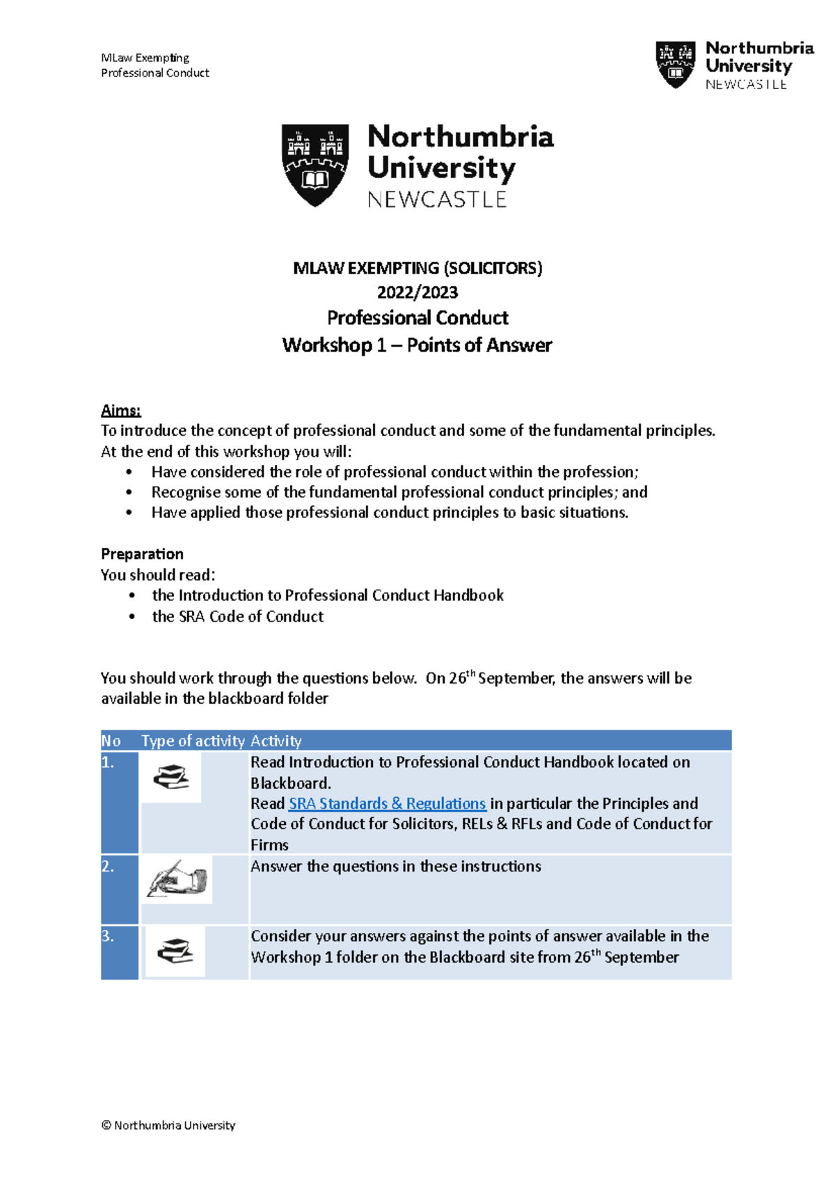 Workshop 1 - Points of Answer - Professional Conduct MLAW EXEMPTING ...