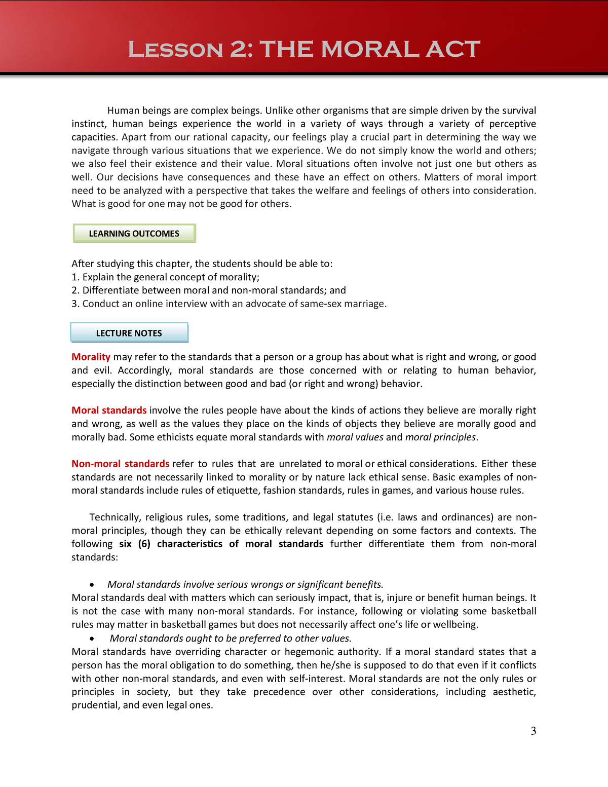 Lesson 2-1 - 3 Lesson 2: THE MORAL ACT Human beings are complex beings ...