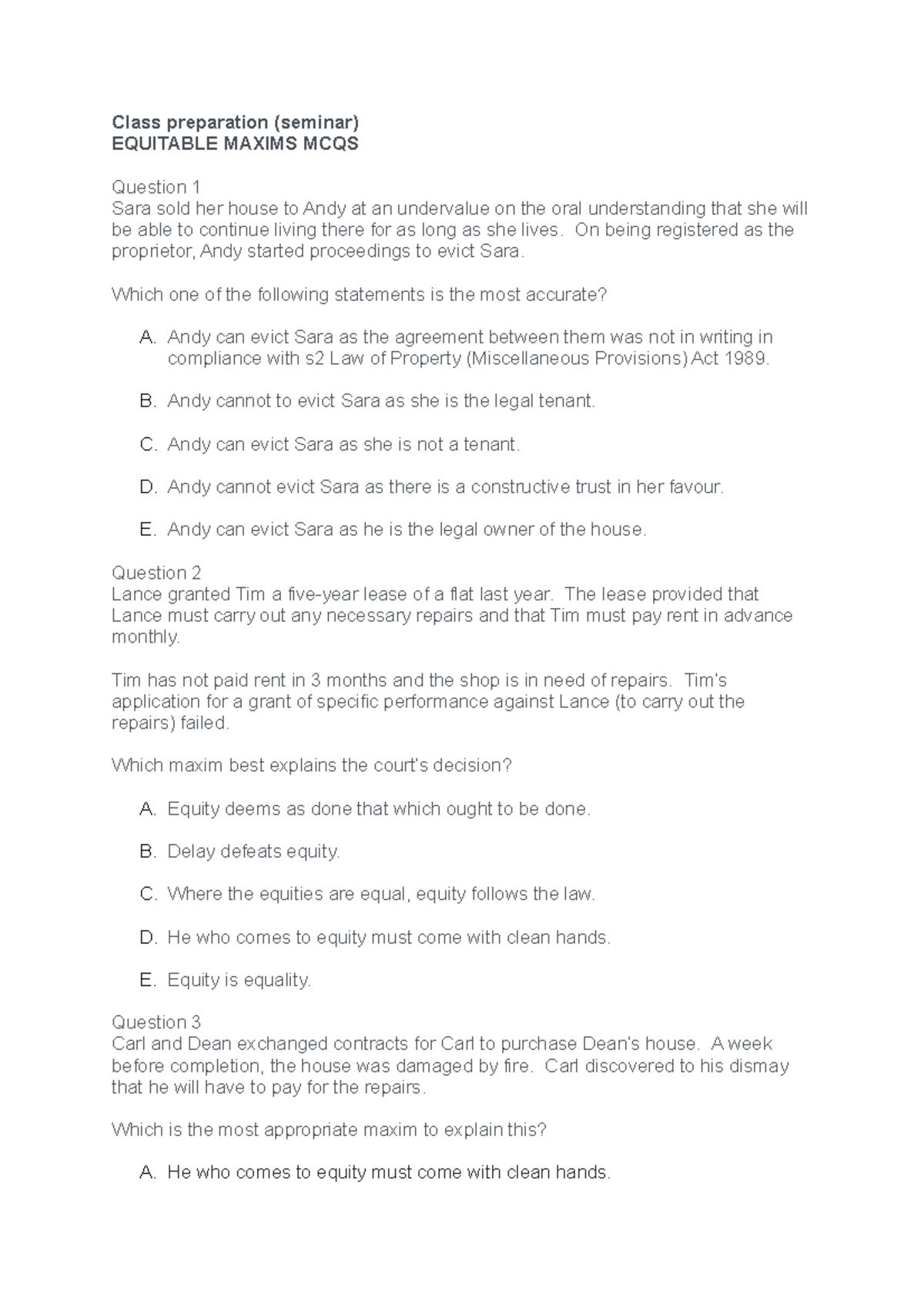 1 Intro to Equity Sem Qs - Class preparation (seminar) EQUITABLE MAXIMS ...