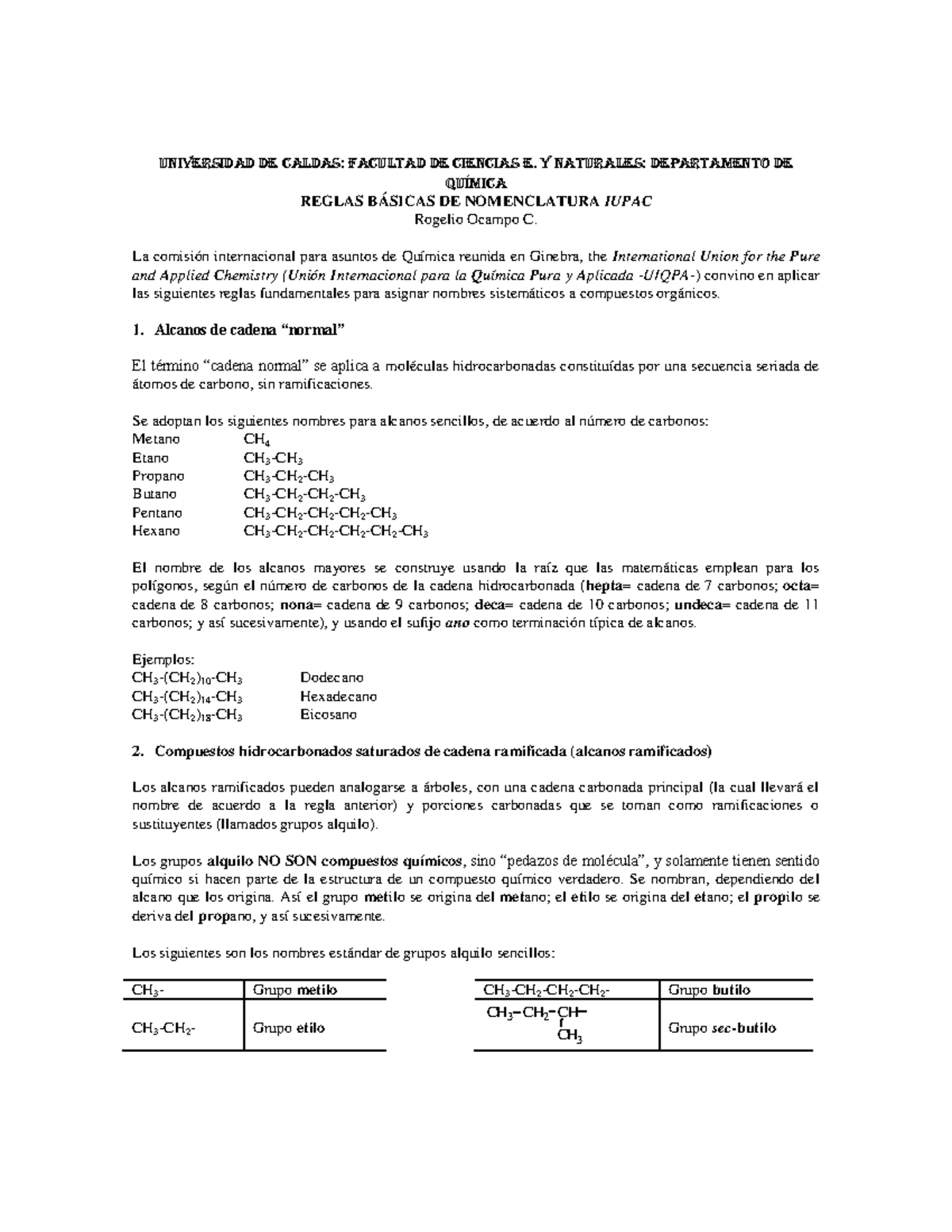 Nomenclatura Iupac Resumen Universidad De Caldas Facultad De