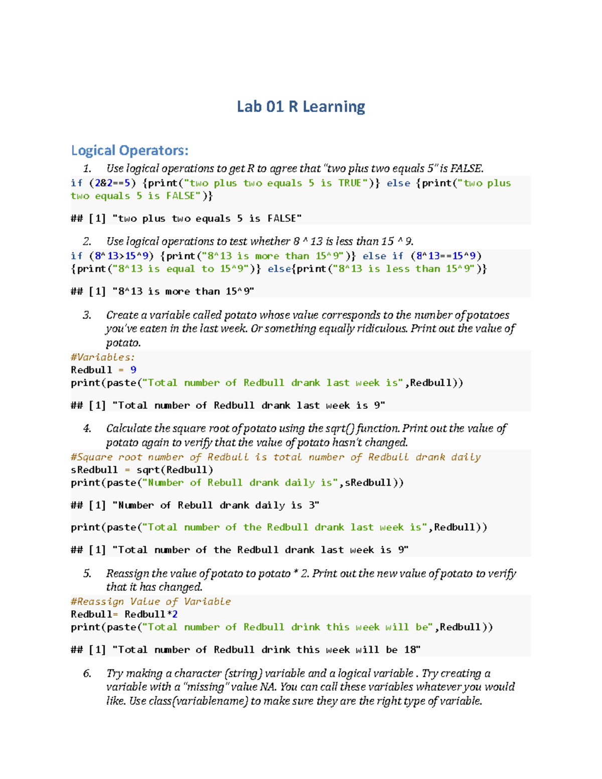 01 Lab R Learning - Assignment For Introduction In R - Lab 01 R ...