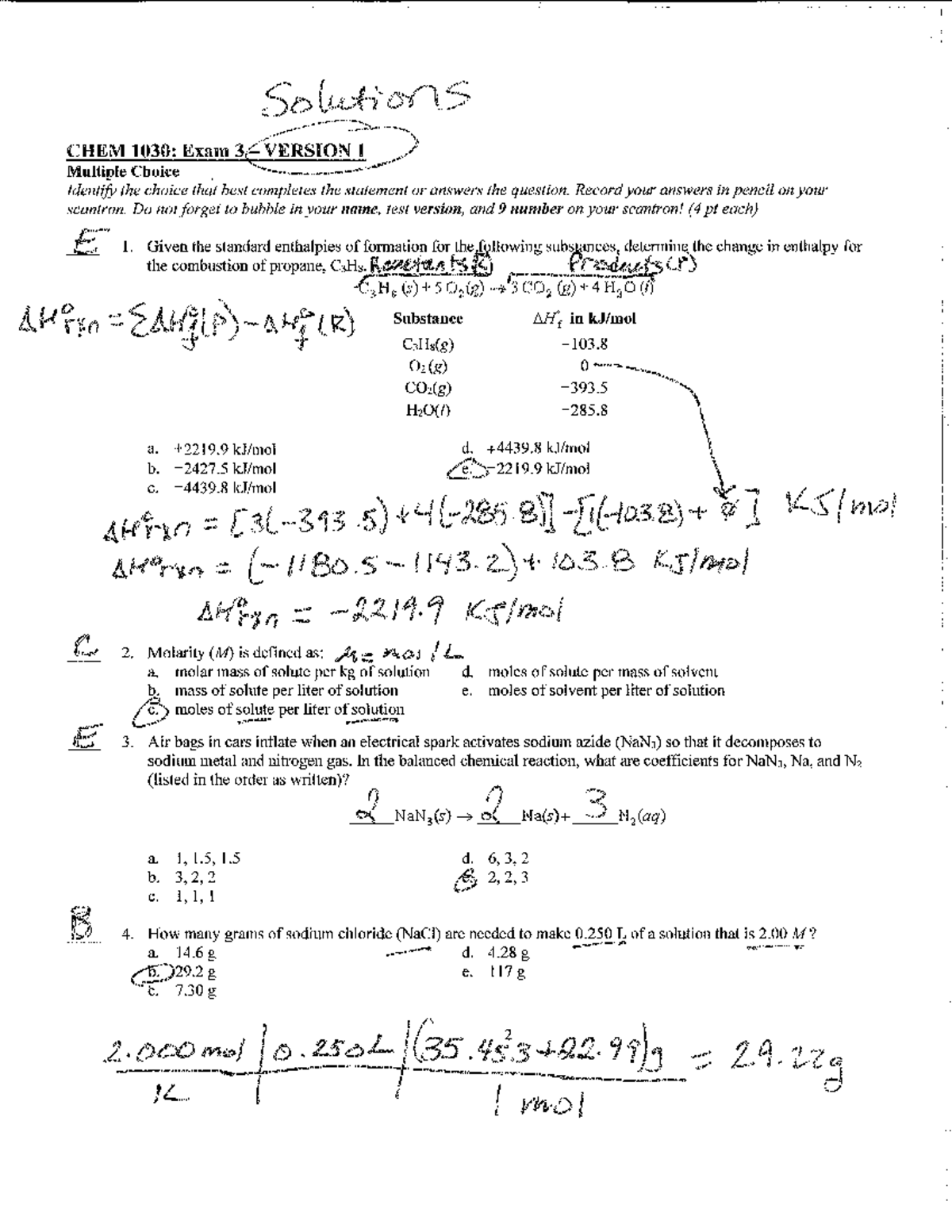 Exam 3 Version 1 KEY - exam - CHEM 1030 - Studocu