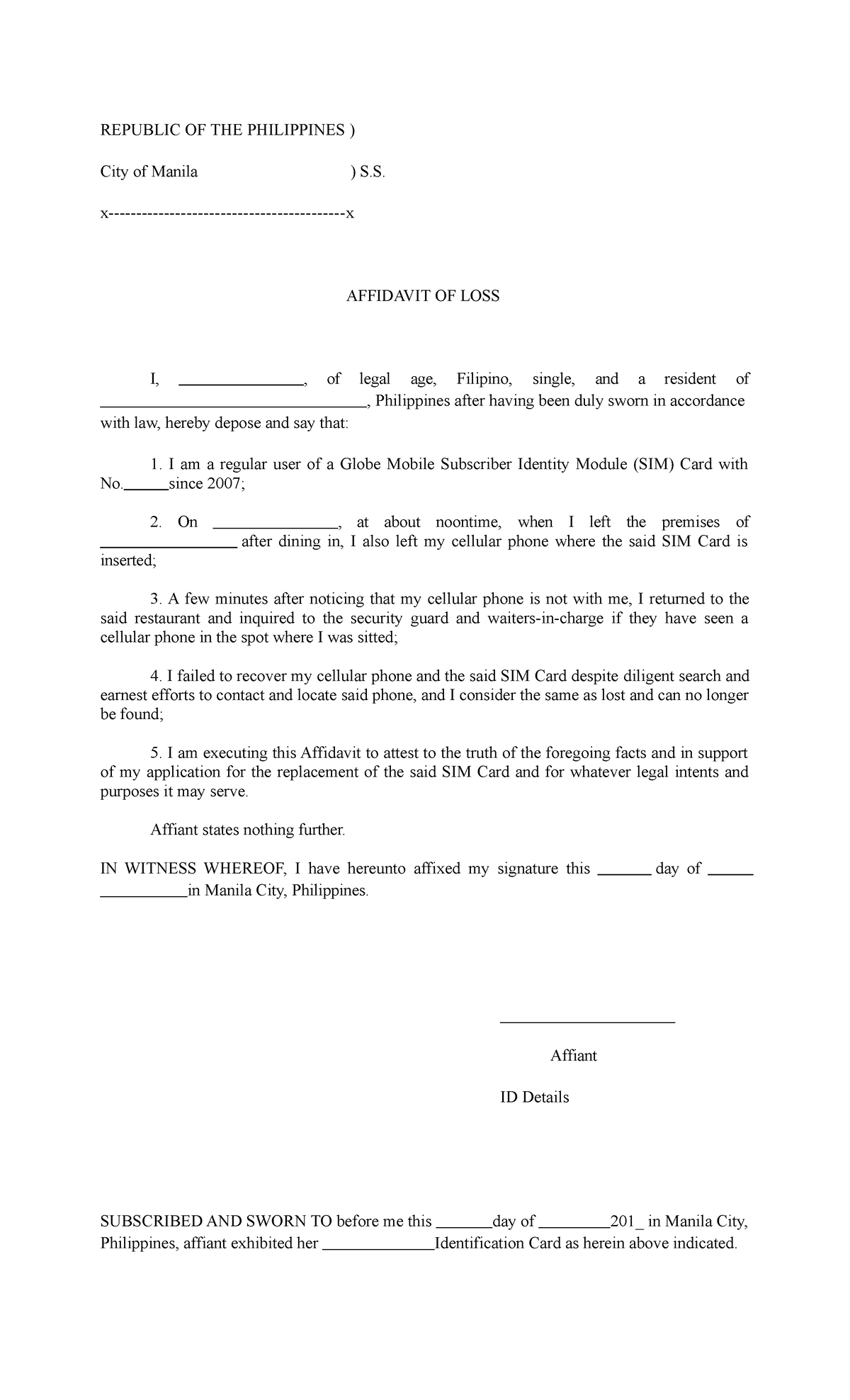 Affidavit-of-loss-of-a-sim-card - REPUBLIC OF THE PHILIPPINES ) City of ...