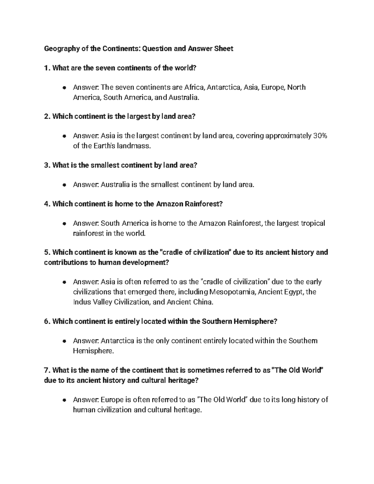 Geography of the Continents Question and Answer Sheet - Which continent ...