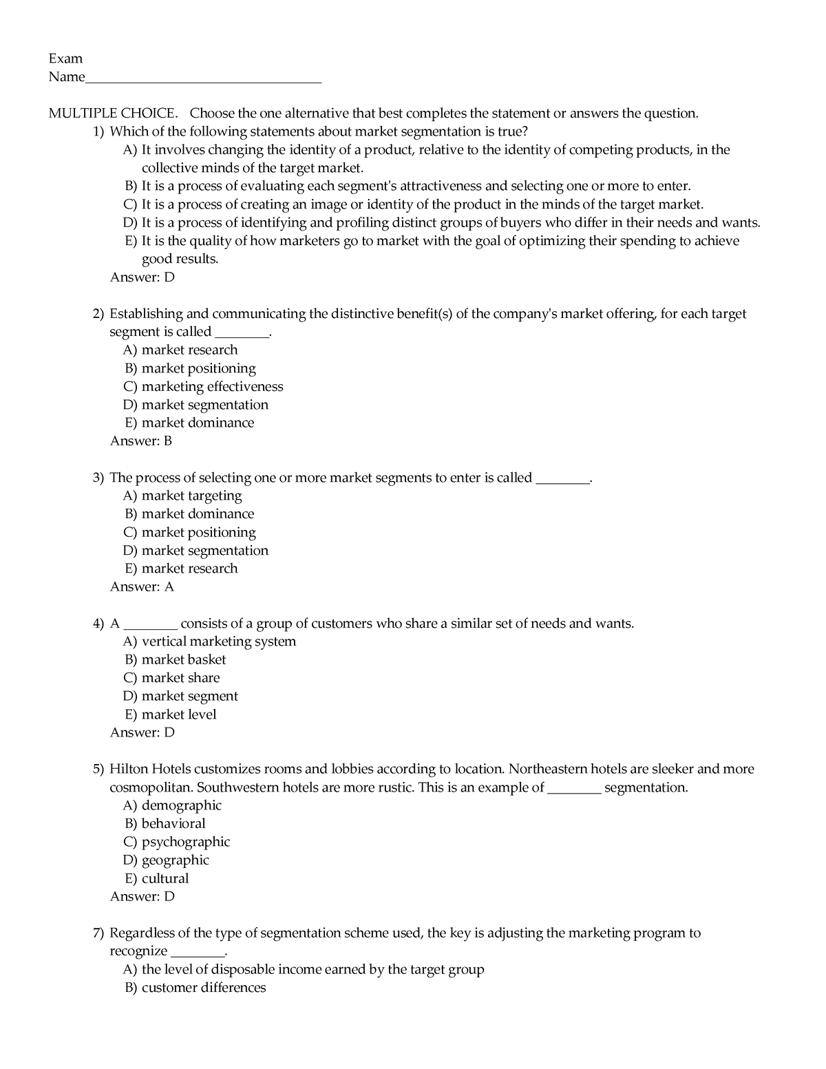 Chapter # 9 Segmentation AND Targeting - Exam Name ...