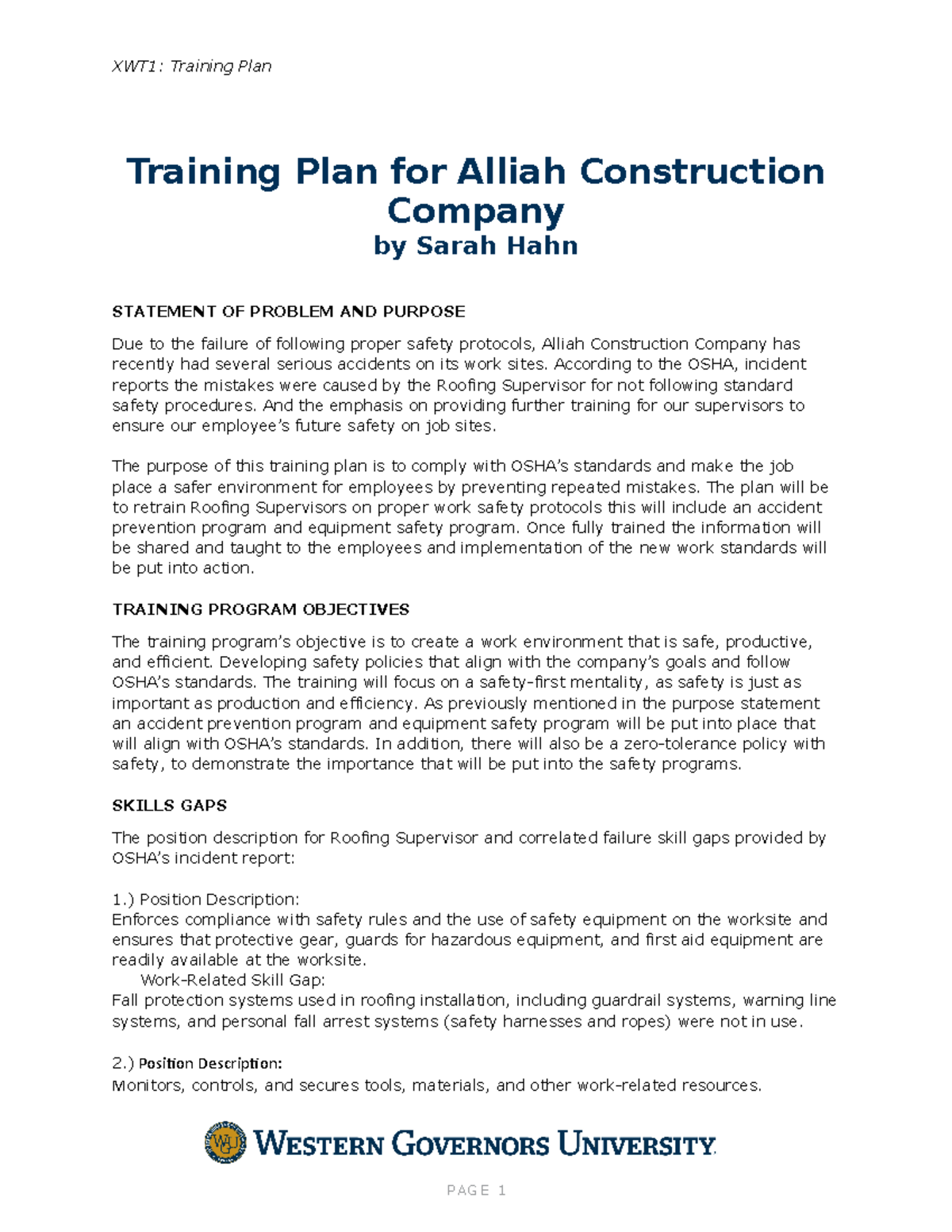Training Plan C235 - XWT1: Training Plan Training Plan for Alliah ...