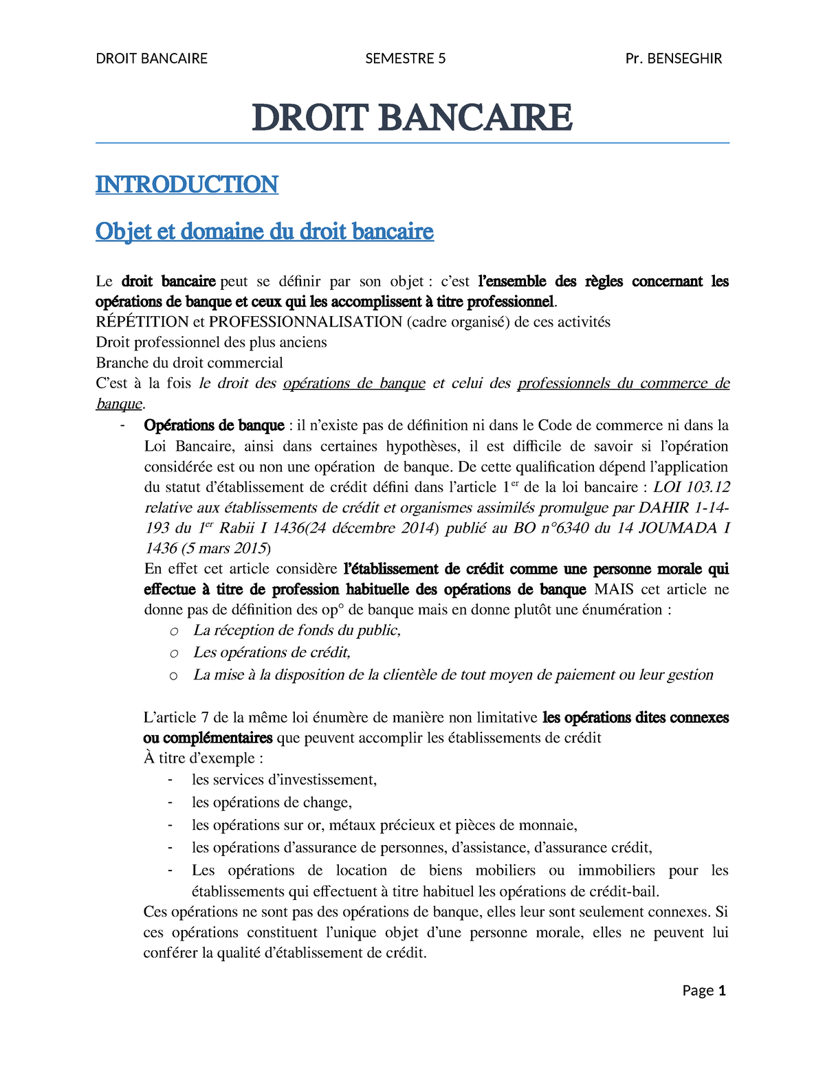 Droit Bancaire 2015 - Note De Cours - DROIT BANCAIRE INTRODUCTION Objet ...