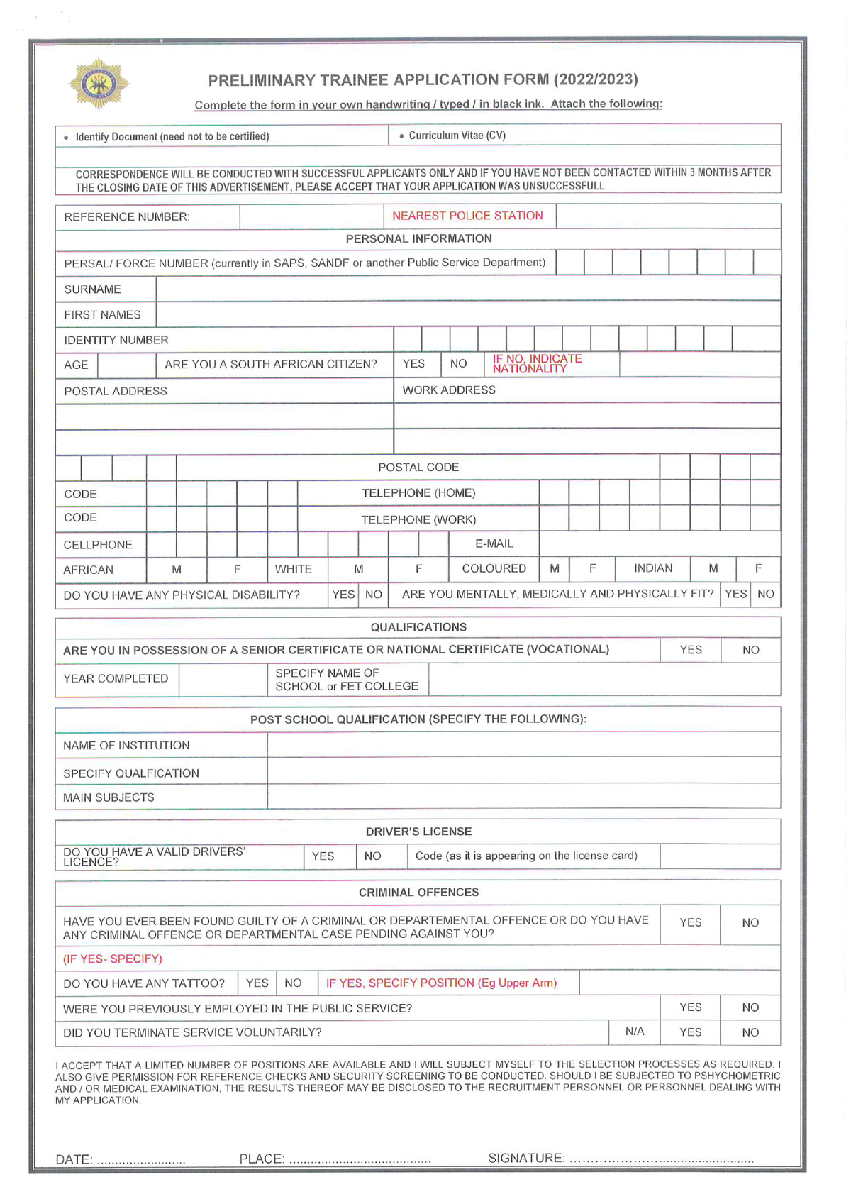 Application Form Police Trainee 98683 Studocu