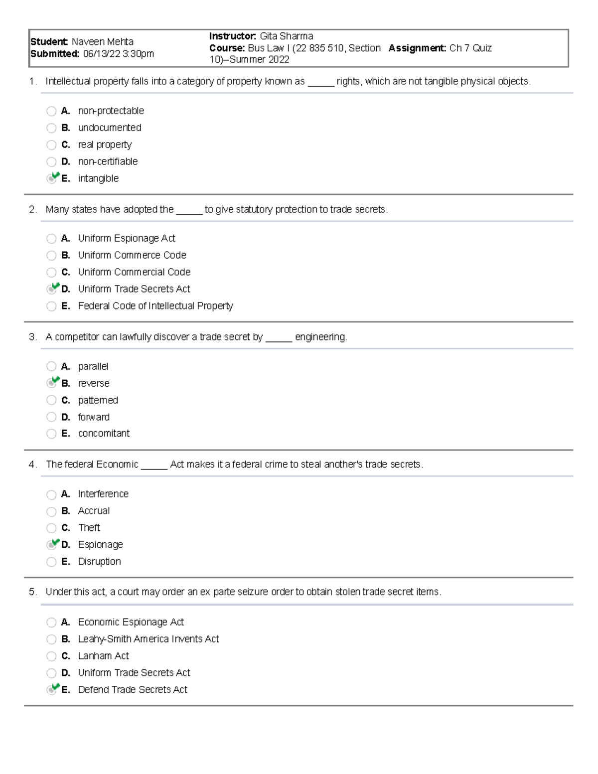 Bus Law Ch 7 Quiz - Quiz Ch 7 - 1. 2. 3. 4. 5. Student: Naveen Mehta ...