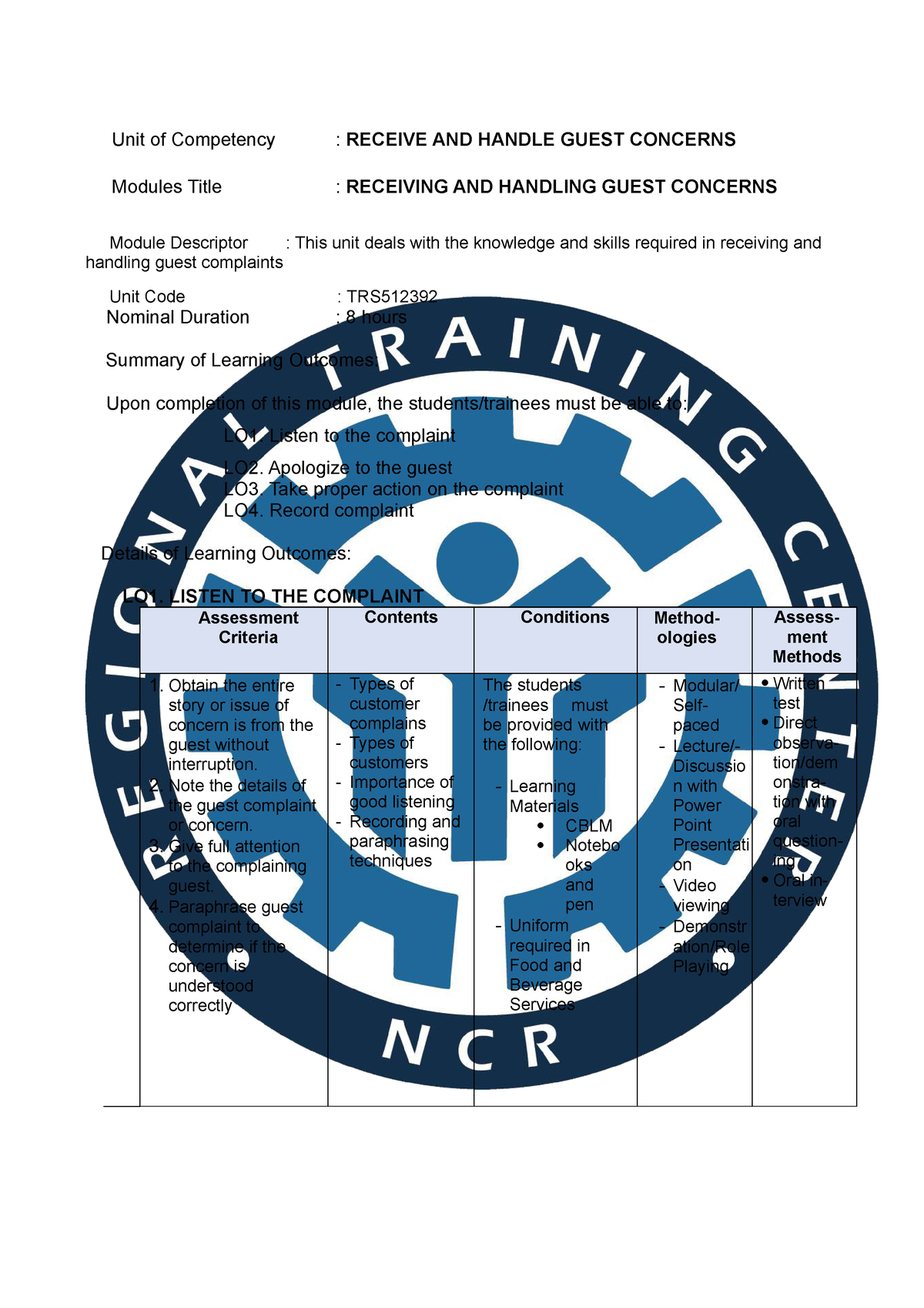 CBC Fn B - For TM1 - Unit Of Competency : RECEIVE AND HANDLE GUEST ...