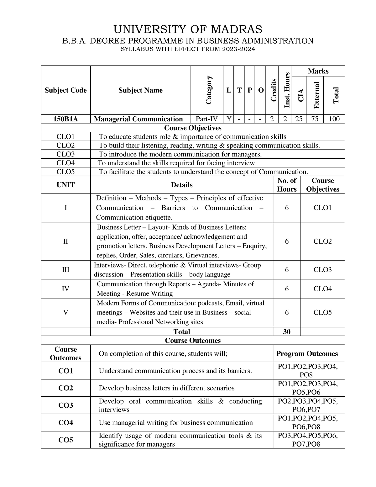 150B1A-Syllabus - Syllabue - UNIVERSITY OF MADRAS B.B. DEGREE PROGRAMME ...