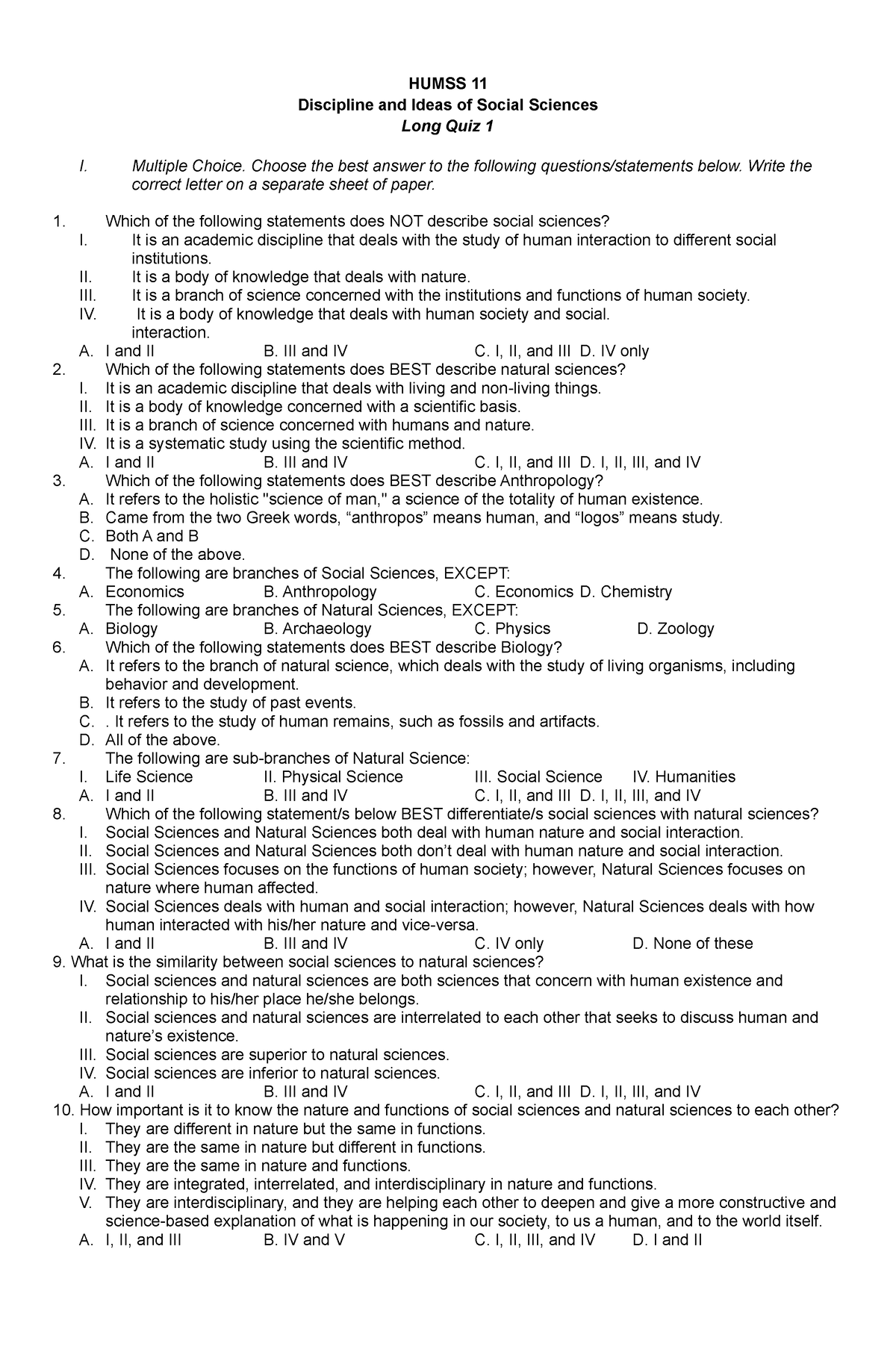 LONG QUIZ 1 - Humss 11 - HUMSS 11 Discipline And Ideas Of Social ...