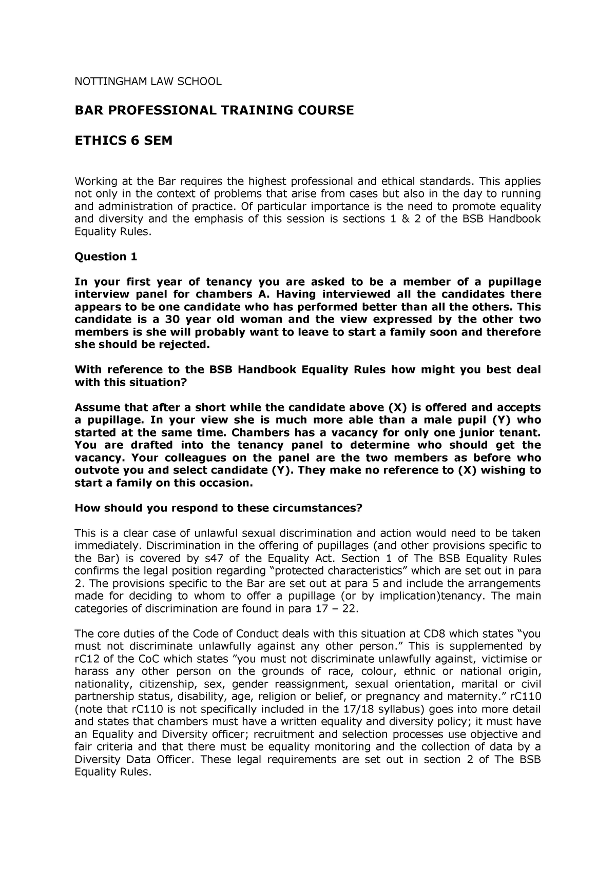 BPTC ETHICS MODEL ANSWERS - NOTTINGHAM LAW SCHOOL BAR PROFESSIONAL ...