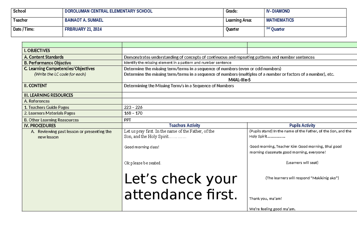 MATH DLP - School DOROLUMAN CENTRAL ELEMENTARY SCHOOL Grade: IV ...