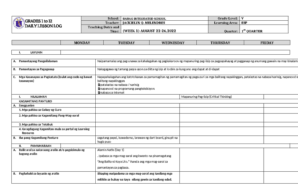 DLL ESP 5 Q1 W1 - dll - GRADES 1 to 12 DAILY LESSON LOG School: BABAG ...