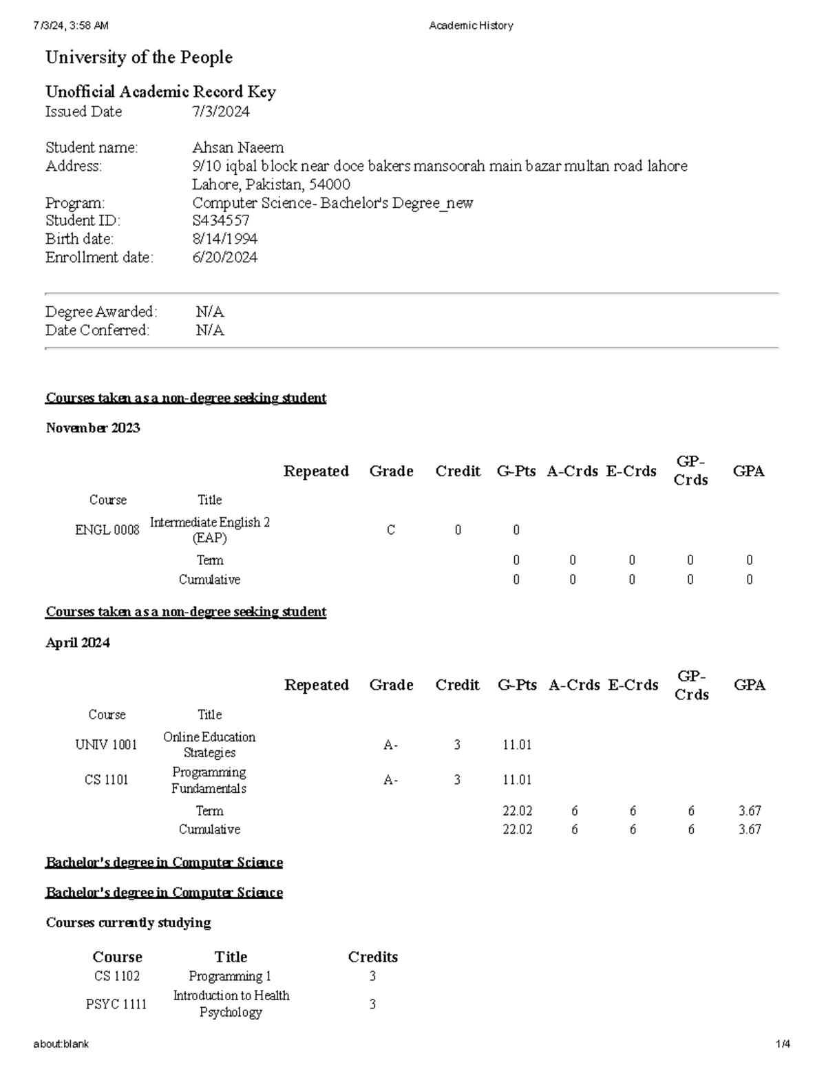 Academic History good University of the People Unofficial Academic