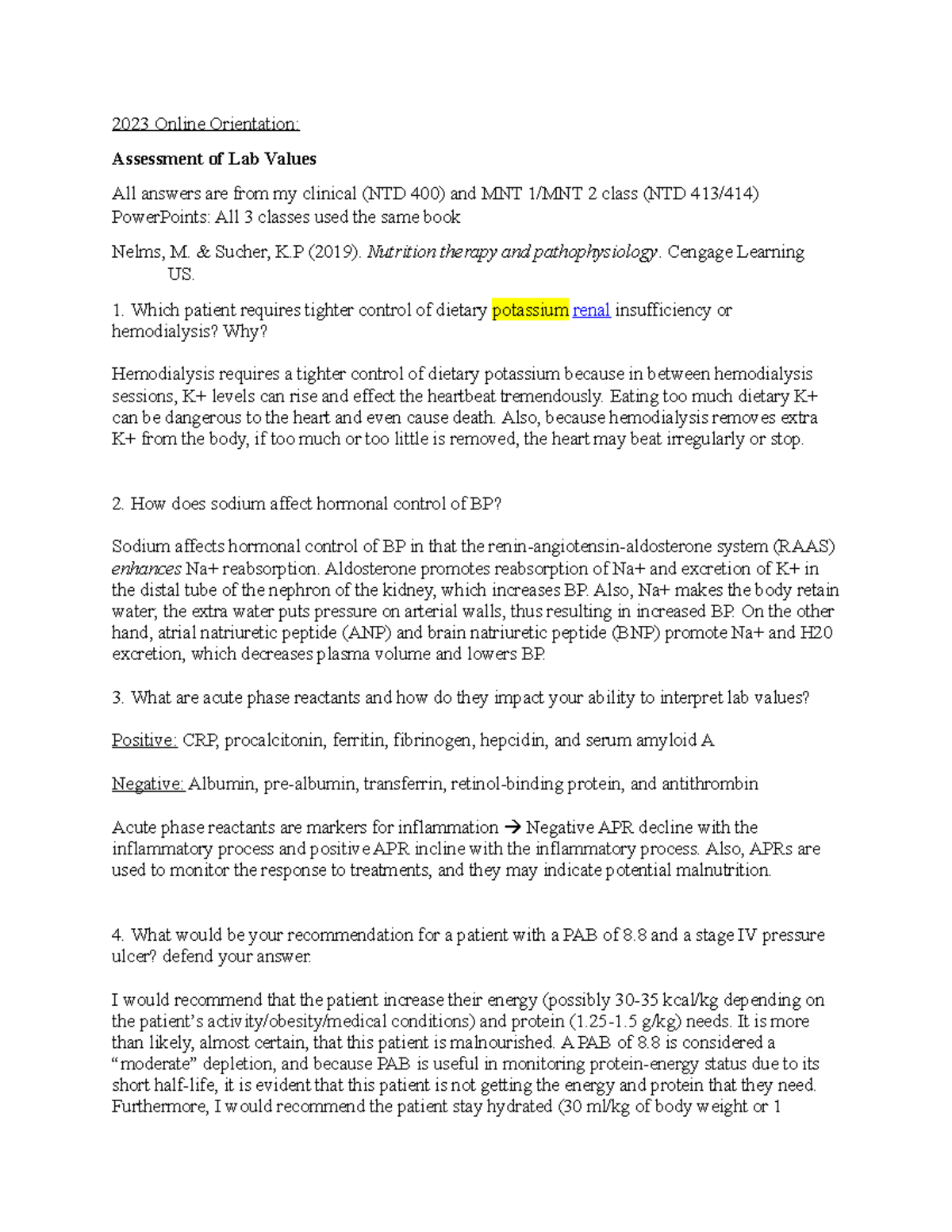 Orientation LAB Values 2023 Online Orientation Assessment of Lab