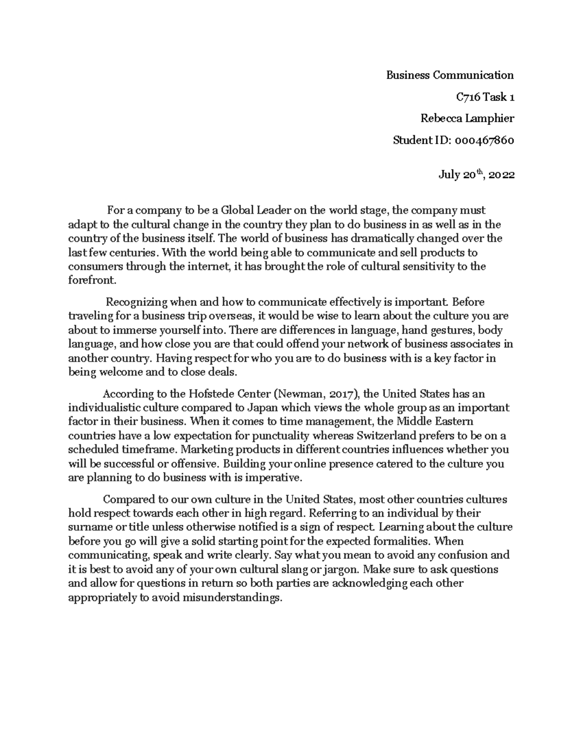Cultural Communication - Business Communication C716 Task 1 Rebecca ...