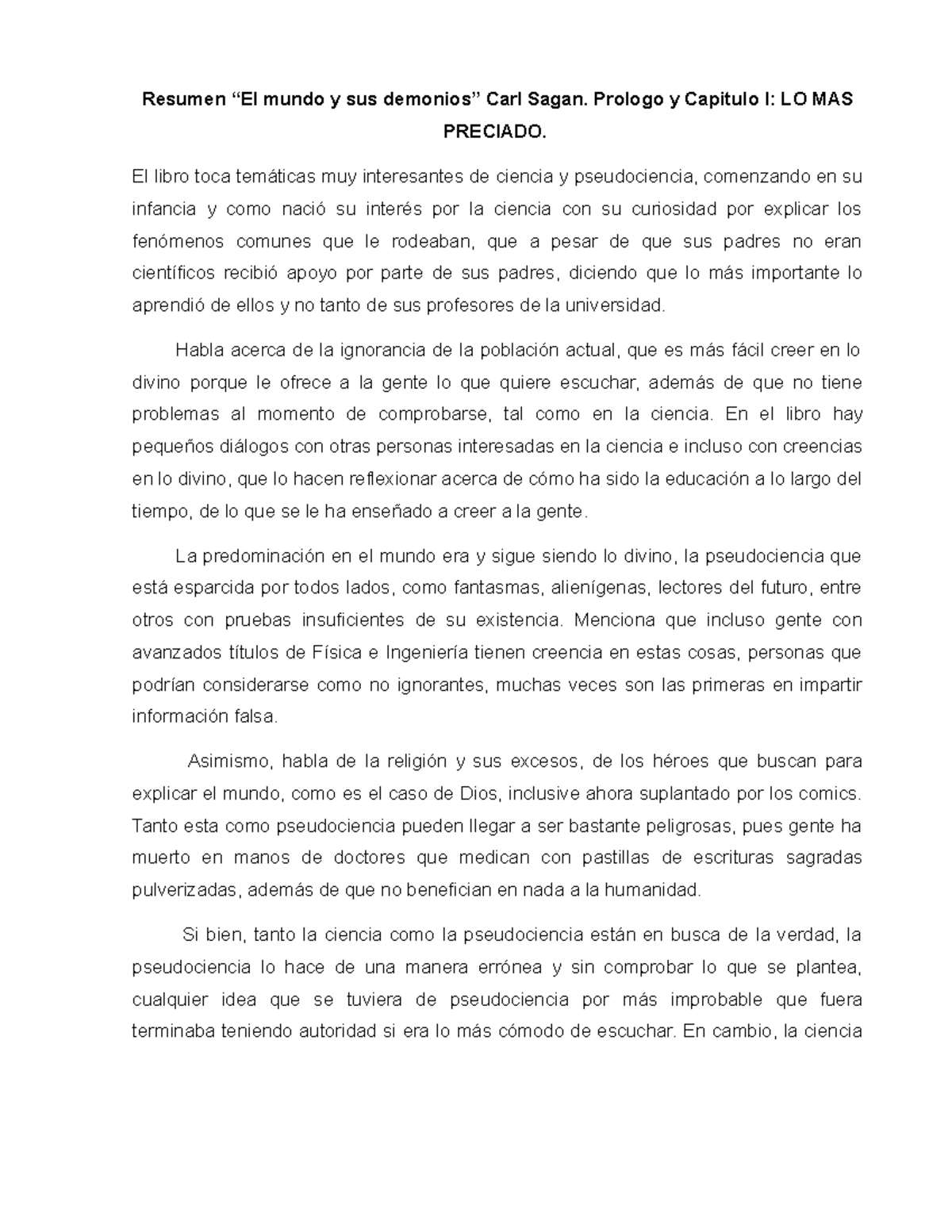 Carl Sagan Cap 1 Resumen El Mundo Y Sus Demonios Carl Sagan Prologo Y Capitulo I Lo Mas Studocu
