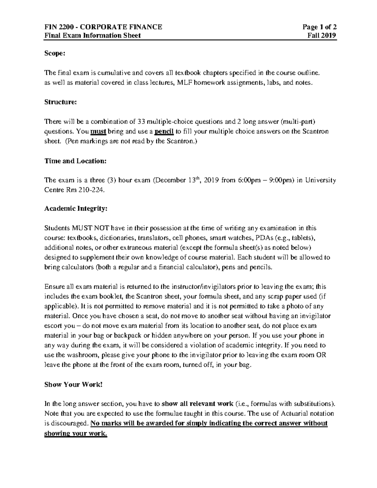 FIN 2200 F19 Final exam info sheet - FIN 2200 - CORPORATE FINANCE Page ...