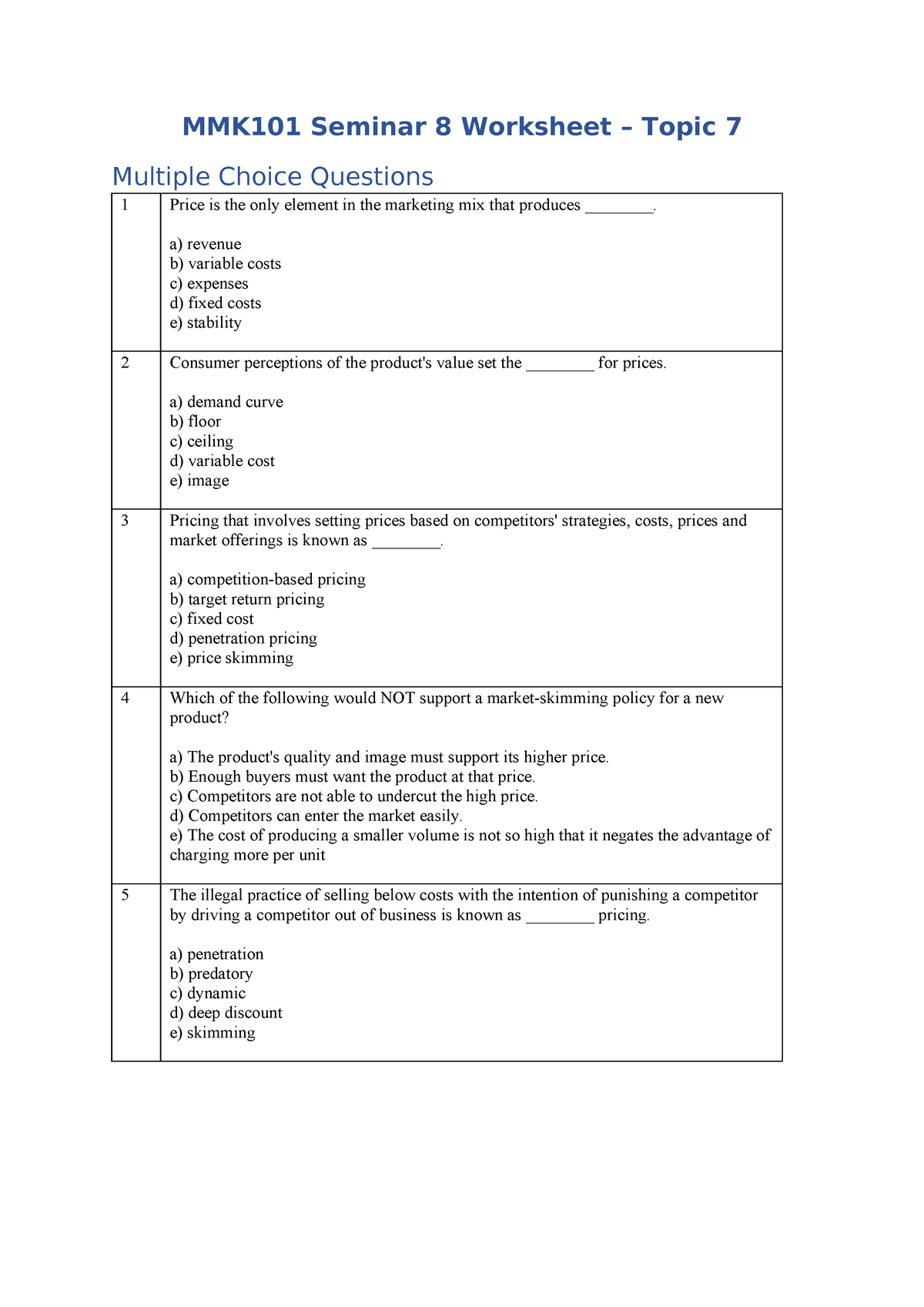 Mmk101 T1 2018 Seminar 8 Worksheet Marketing Deakin