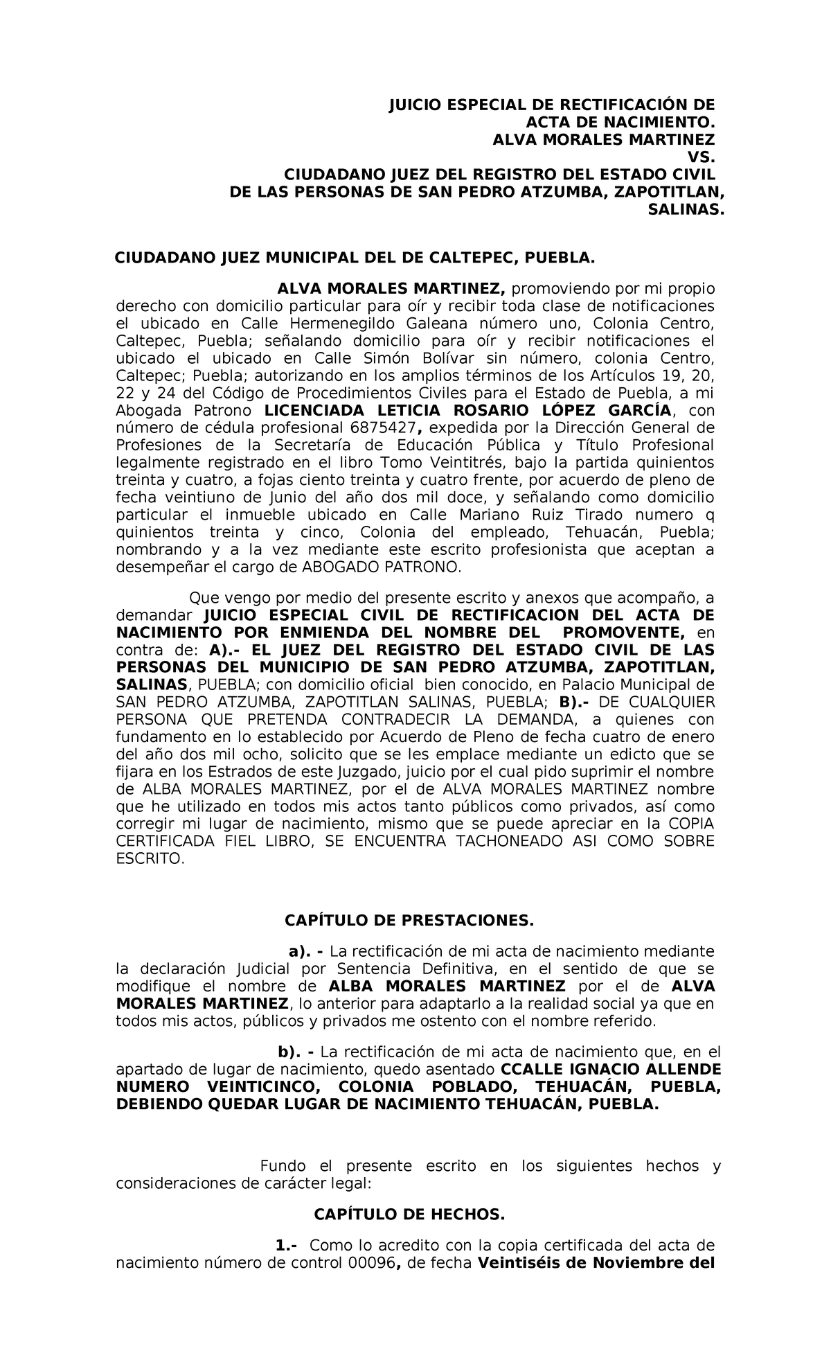 Juicio DE Rectificación ALVA Morales Martinez - JUICIO ESPECIAL DE ...