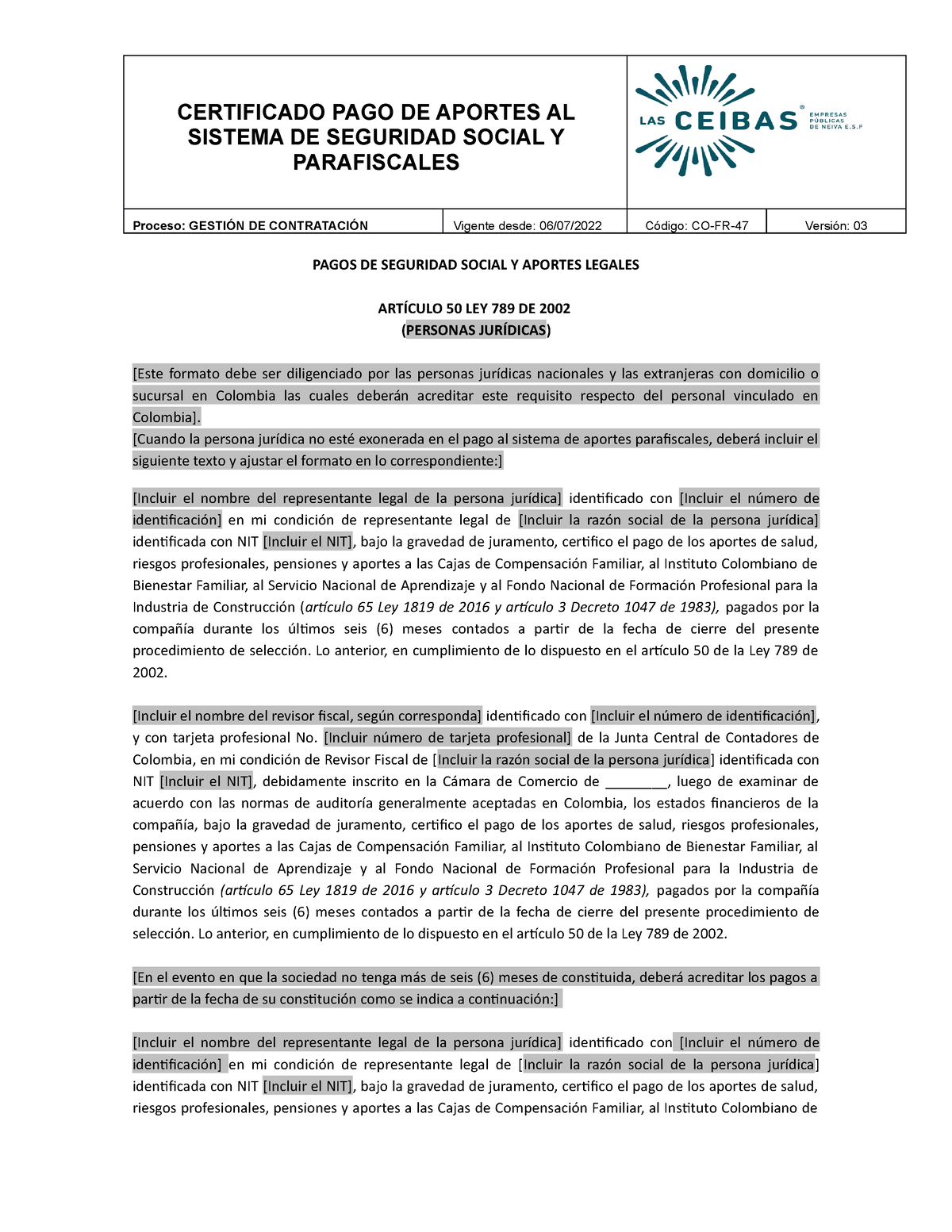 CO-FR-47 Certificado DE PAGO Aportes AL Sistema DE Ssypf - SISTEMA DE ...