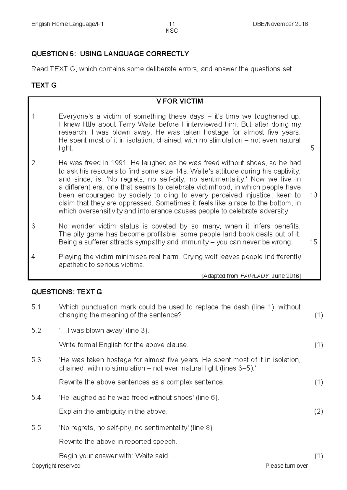NOV 2018 QP - PAST PAPER 1 QUESTION PAPER - English Home Language/P1 11 ...