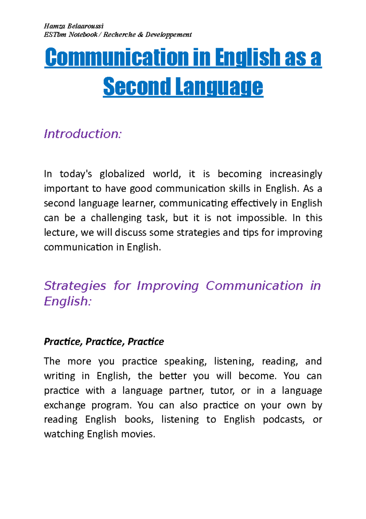 Communication In English - Hamza Belaaroussi ESTbm Notebook / Recherche ...