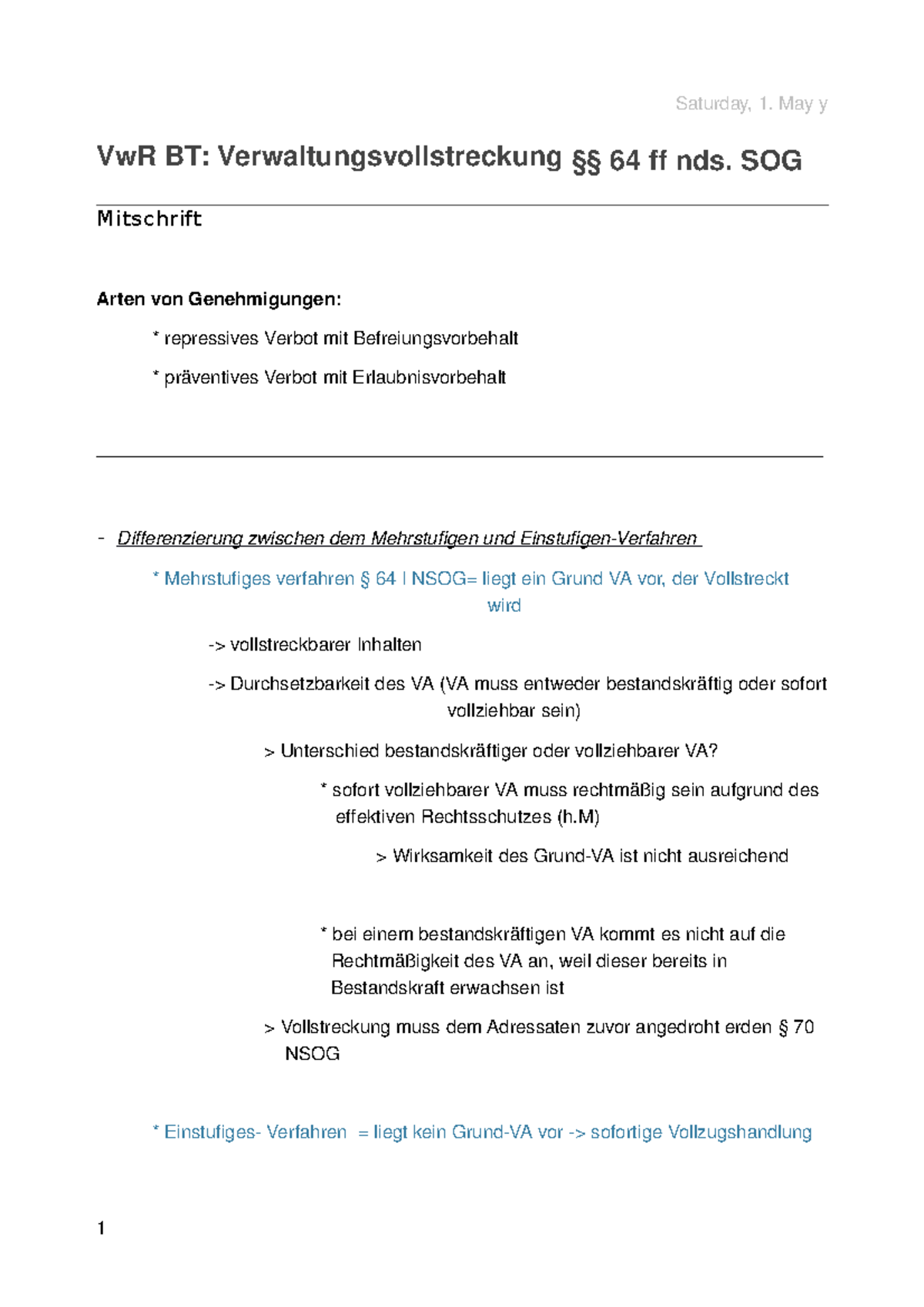 Mitschrift Vw R Bt Verwaltungsvollstreckung 64 Ff Nds Sog Studocu